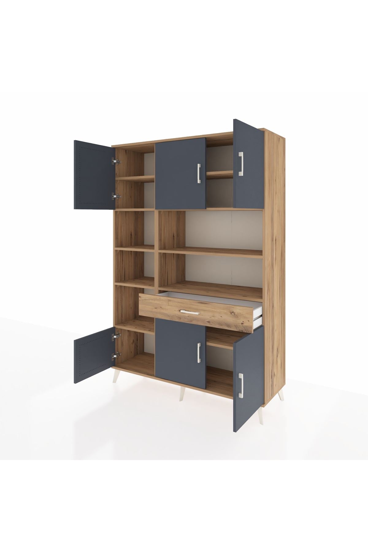 Hyperion Dolap 10 Raflı Tek Çekmeceli 6 Kapaklı 132x44x195 Çam-Antrasit/Çam