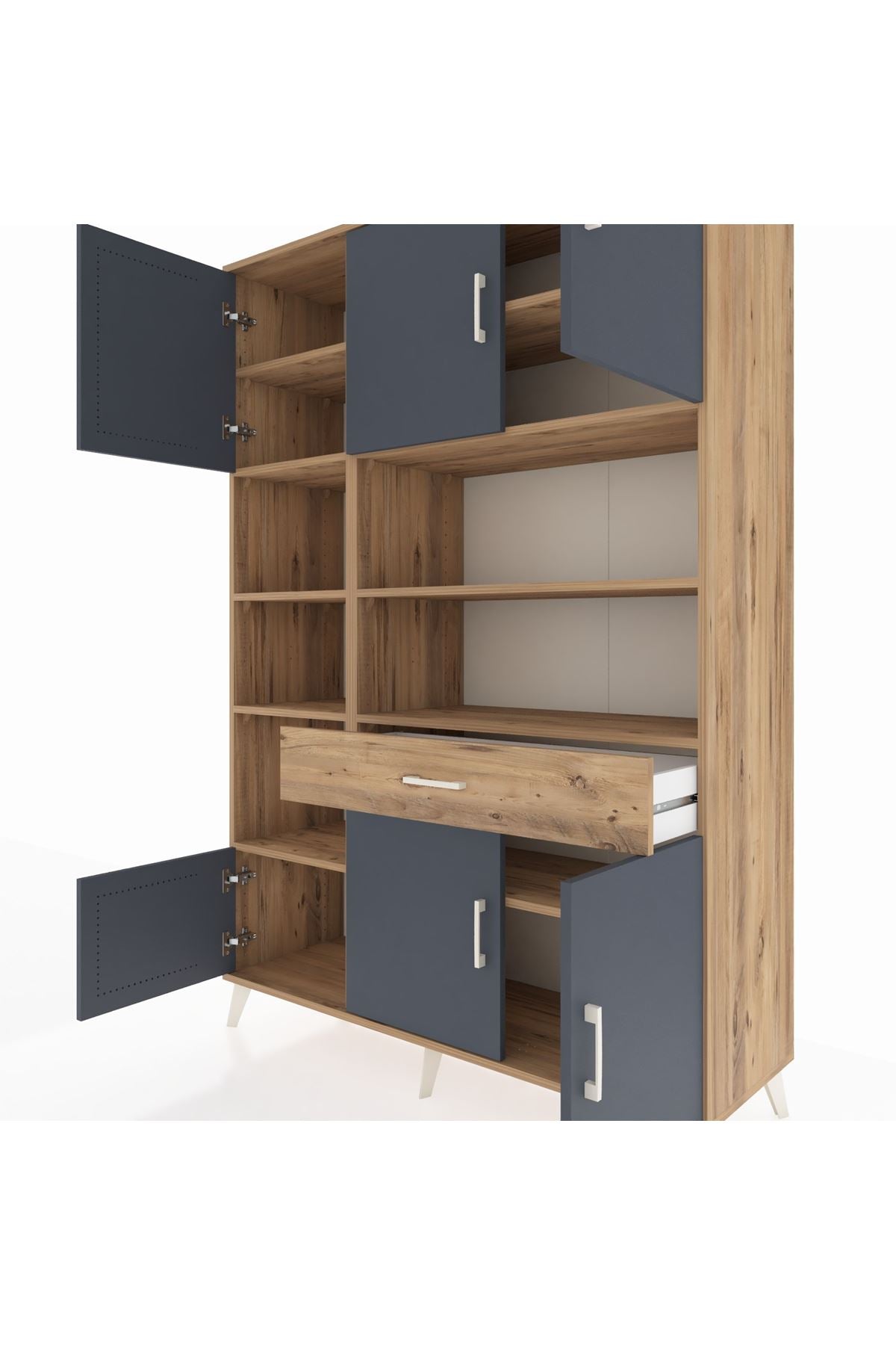 Hyperion Dolap 10 Raflı Tek Çekmeceli 6 Kapaklı 132x44x195 Çam-Antrasit/Çam