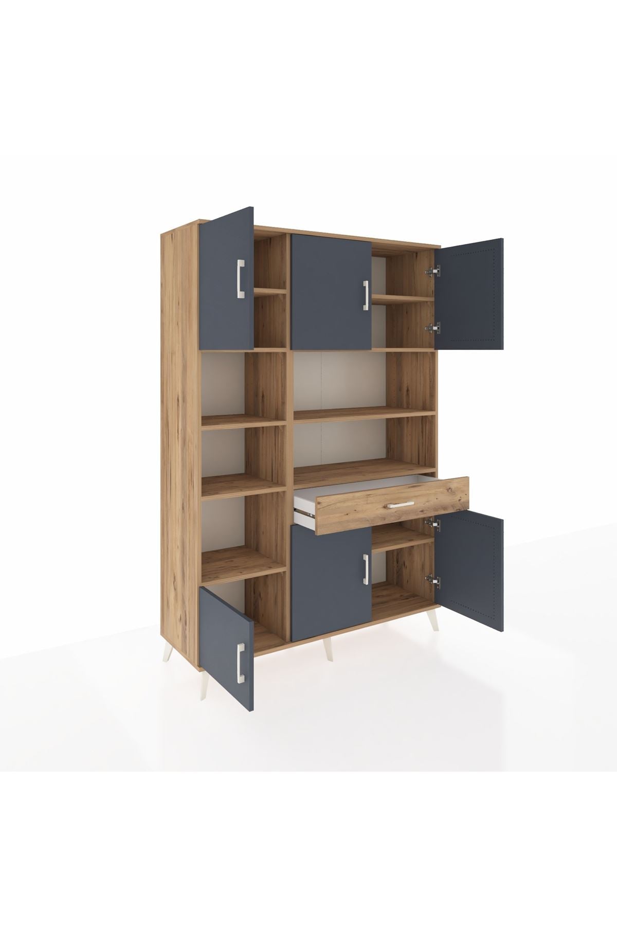 Hyperion Dolap 10 Raflı Tek Çekmeceli 6 Kapaklı 132x44x195 Çam-Antrasit/Çam