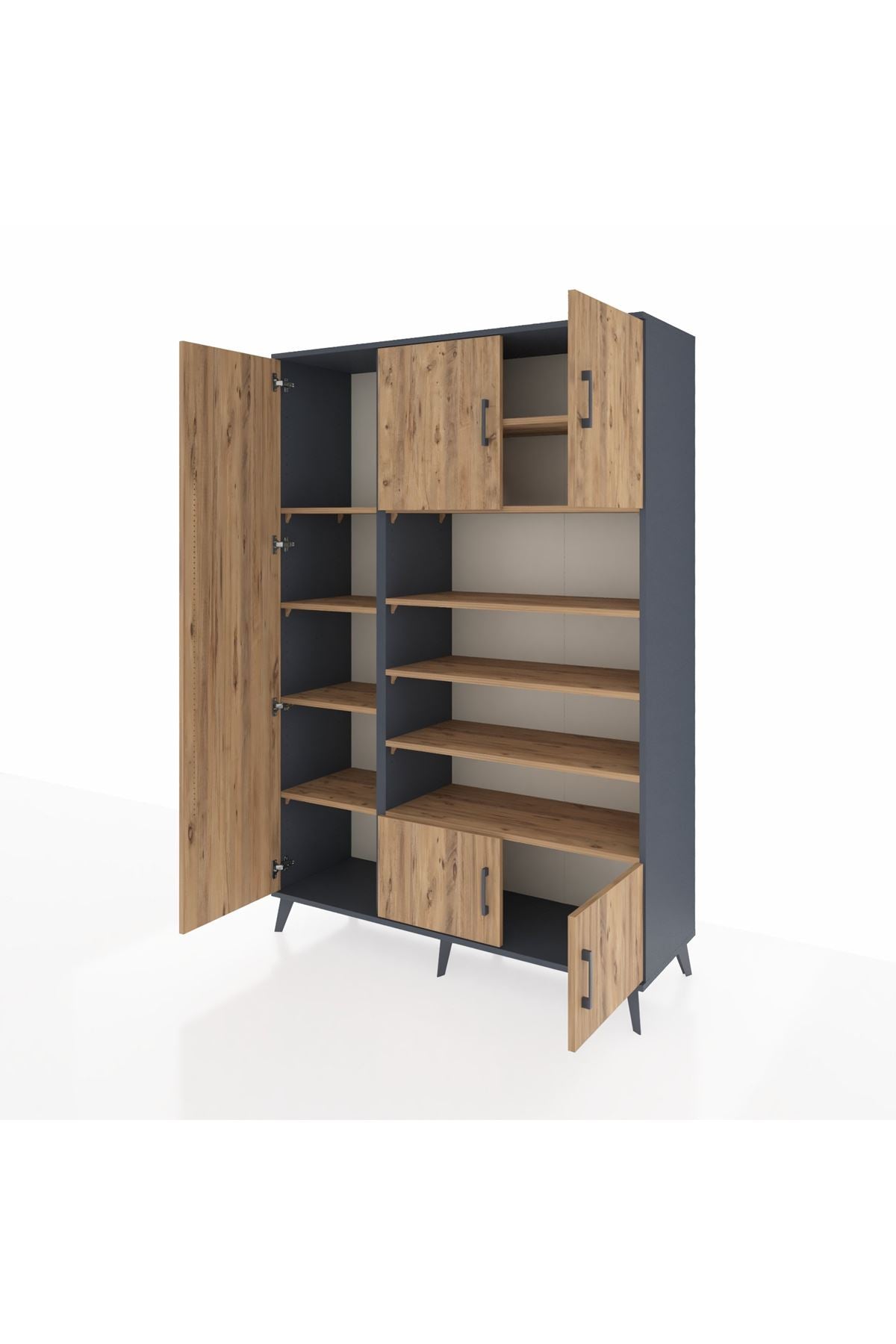 Hyperion Dolap 10 Raflı 5 Kapaklı 132x44x195 Antrasit-Çam/Çam