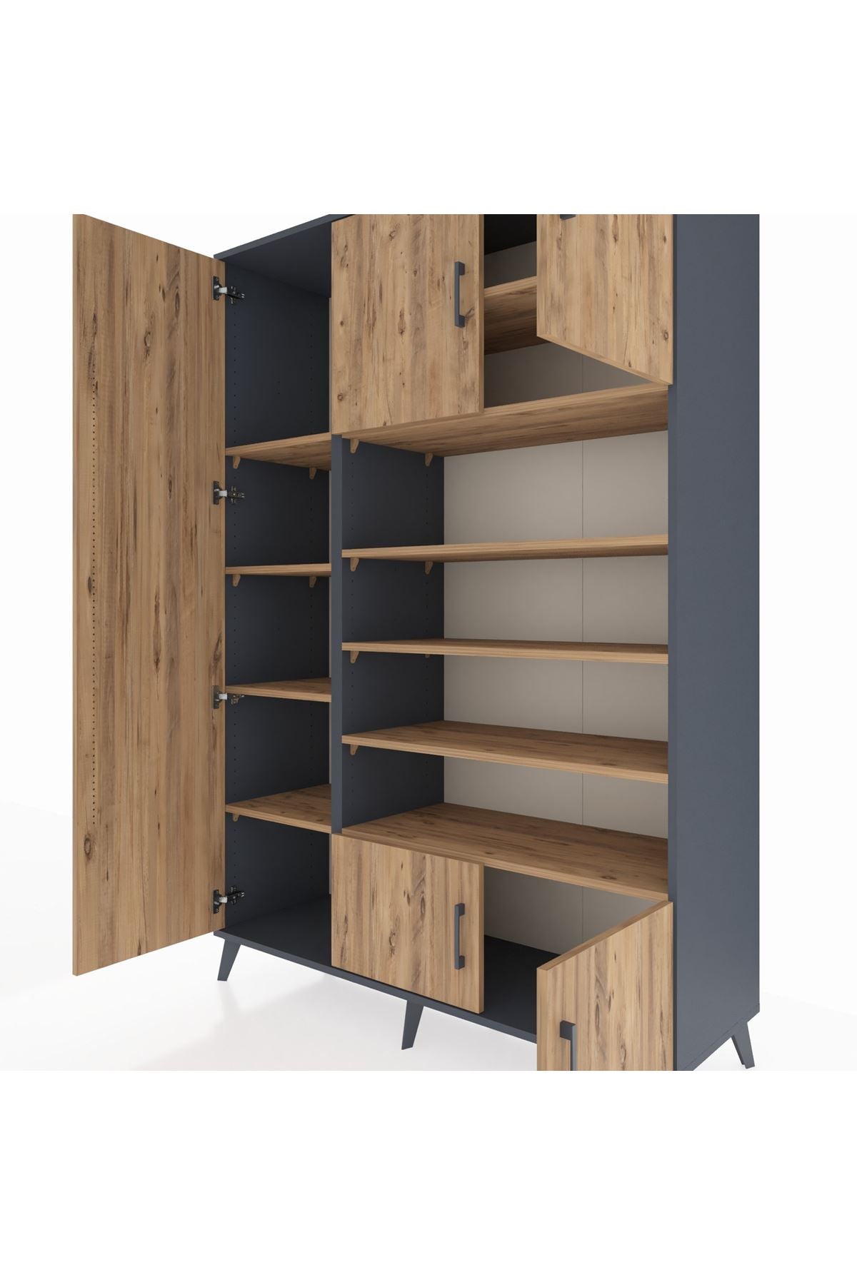 Hyperion Dolap 10 Raflı 5 Kapaklı 132x44x195 Antrasit-Çam/Çam