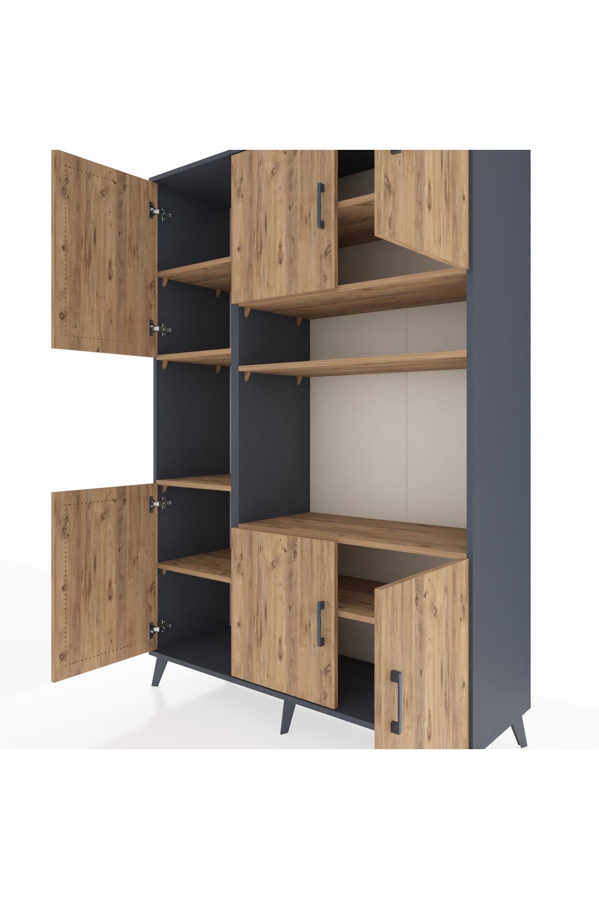 Hyperion Dolap 9 Raflı 6 Kapaklı 132x44x195 Antrasit-Çam/Çam