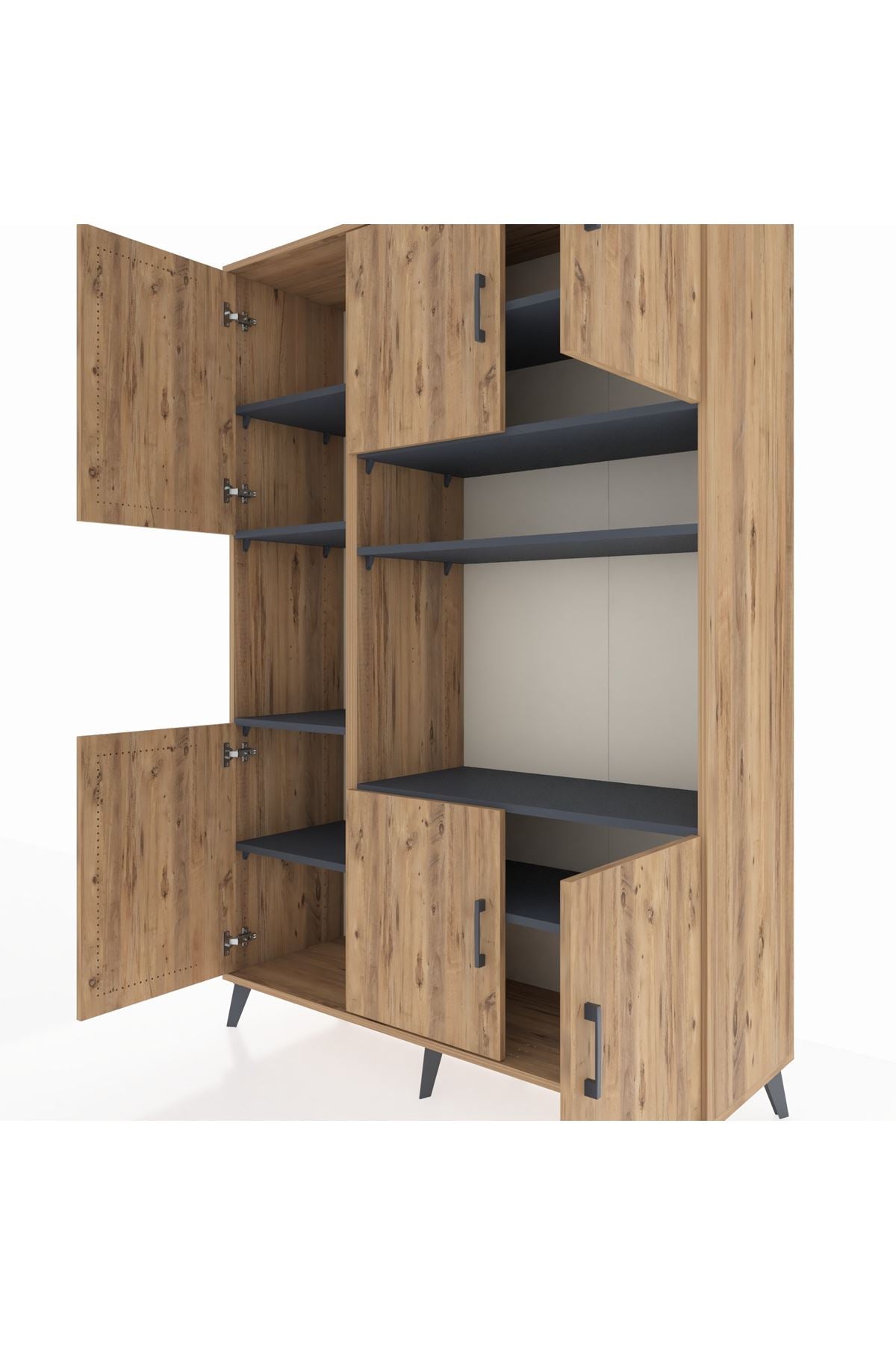 Hyperion Dolap 9 Raflı 6 Kapaklı 132x44x195 Çam-Çam/Antrasit