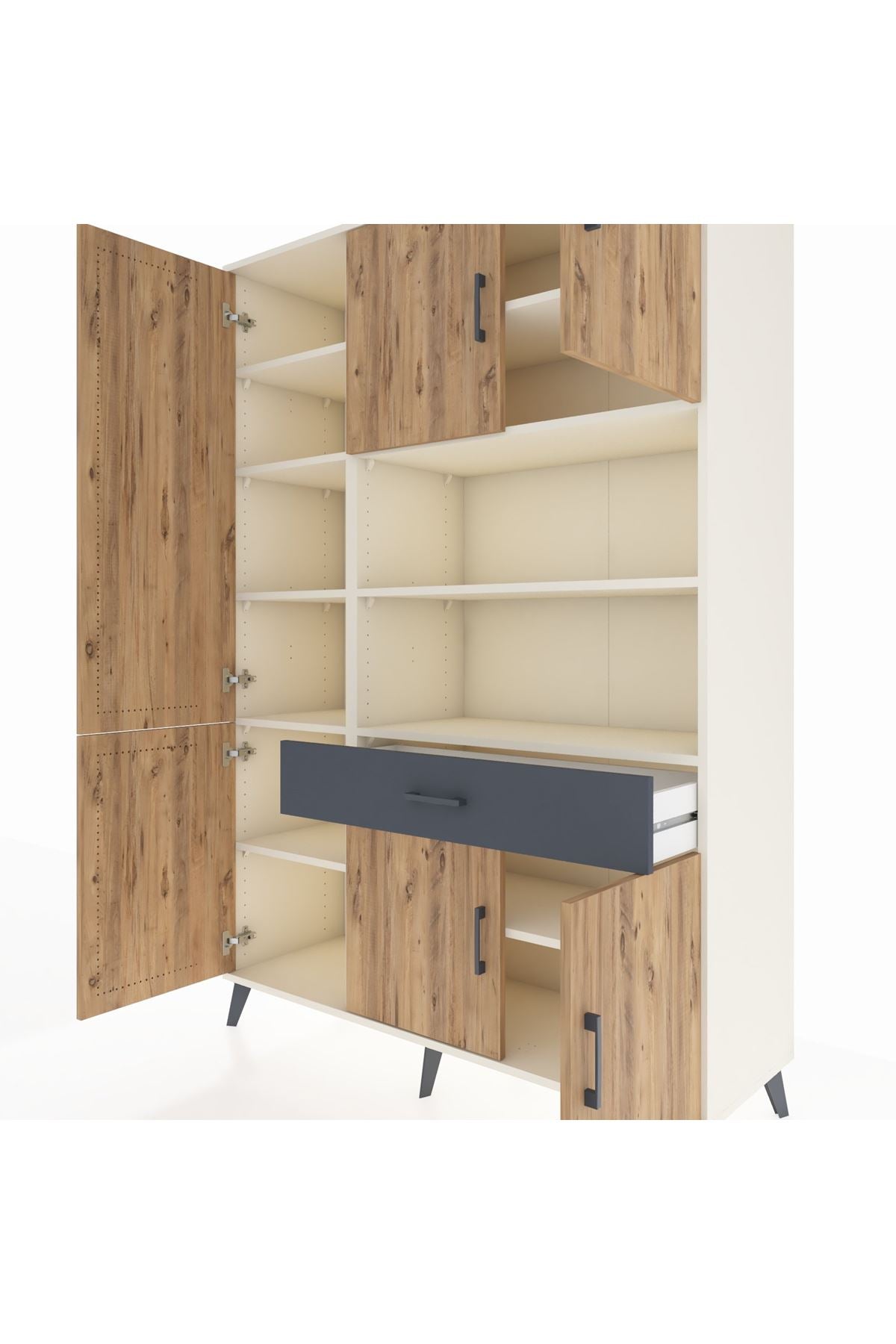 Hyperion Dolap 10 Raflı Tek Çekmeceli 6 Kapaklı 132x44x195 Aytaşı-Çam/Antrasit