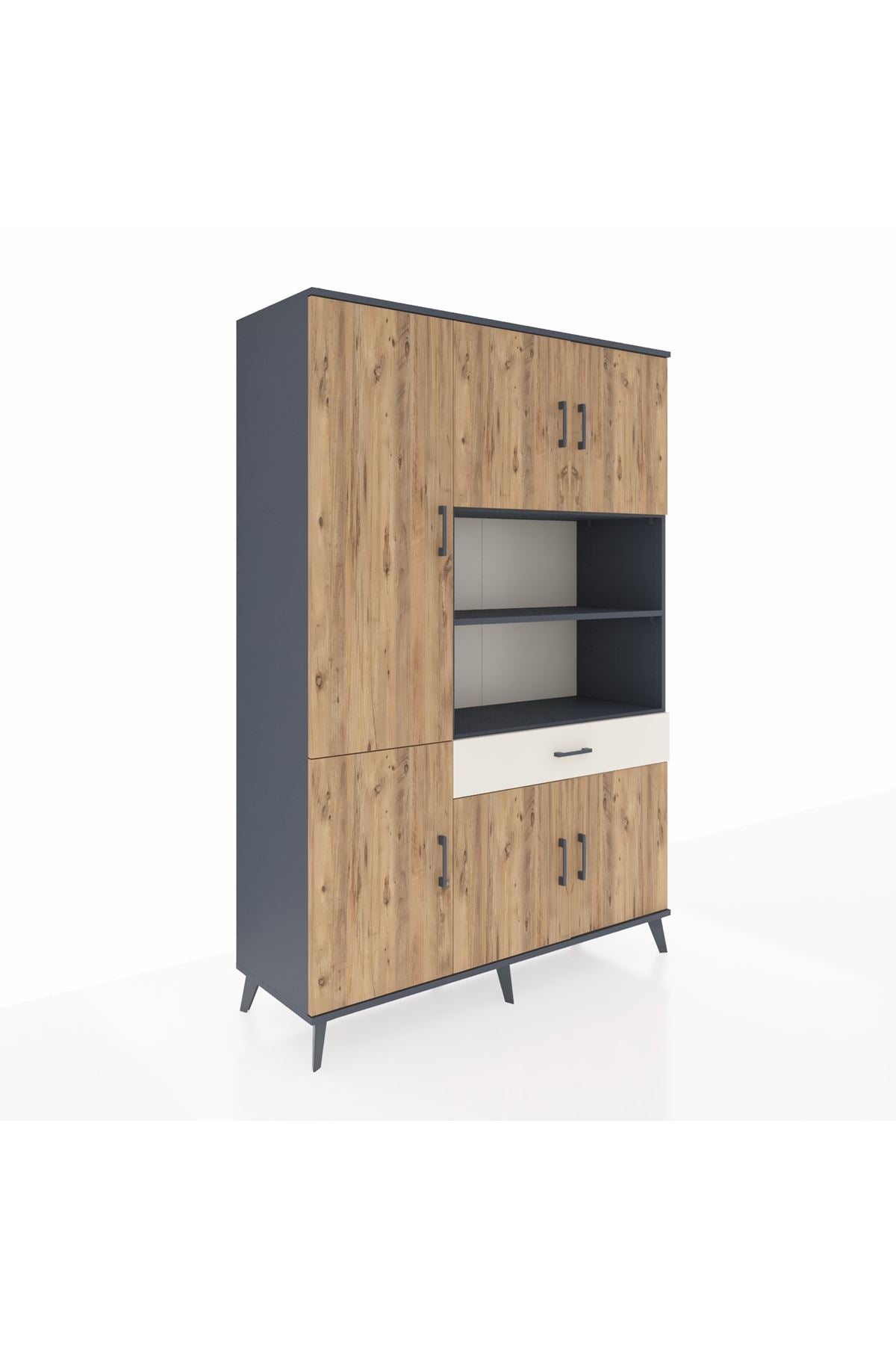 Hyperion Dolap 10 Raflı Tek Çekmeceli 6 Kapaklı 132x44x195 Antrasit-Çam/Aytaşı