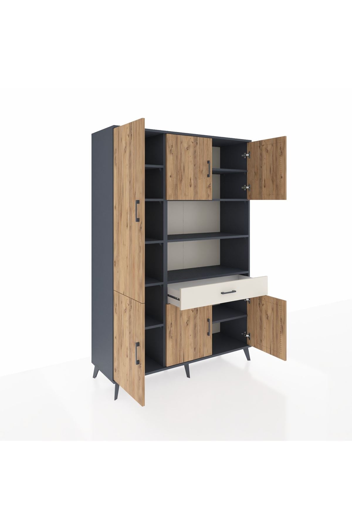 Hyperion Dolap 10 Raflı Tek Çekmeceli 6 Kapaklı 132x44x195 Antrasit-Çam/Aytaşı