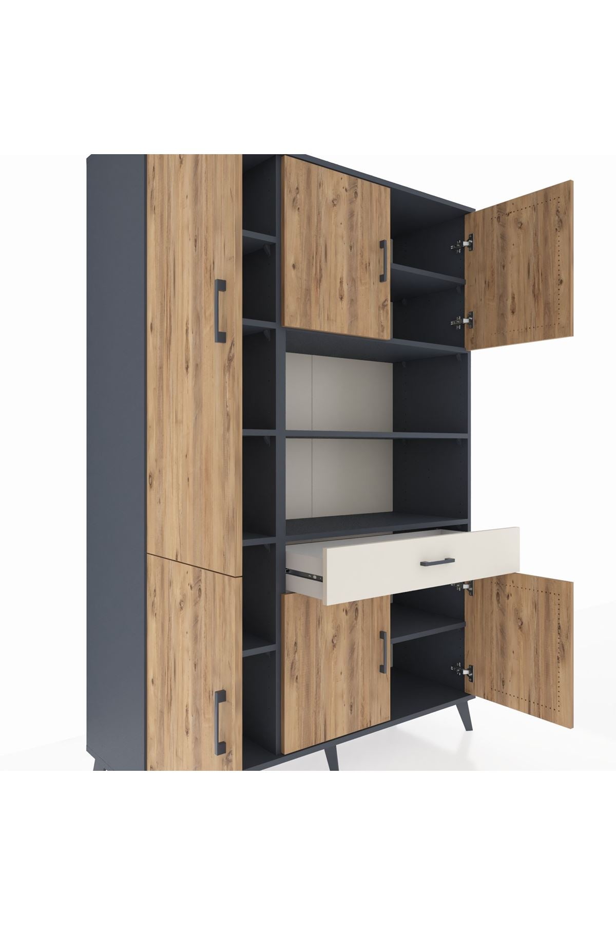 Hyperion Dolap 10 Raflı Tek Çekmeceli 6 Kapaklı 132x44x195 Antrasit-Çam/Aytaşı