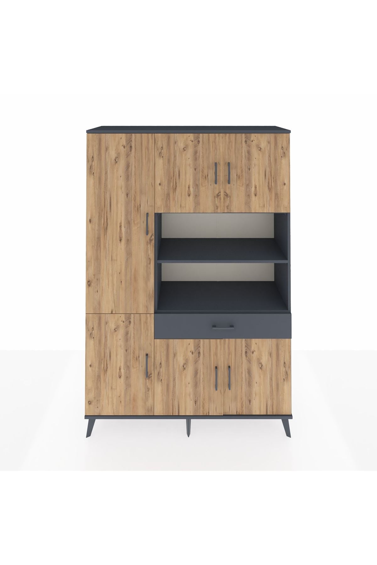 Hyperion Dolap 10 Raflı Tek Çekmeceli 6 Kapaklı 132x44x195 Antrasit-Çam/Antrasit