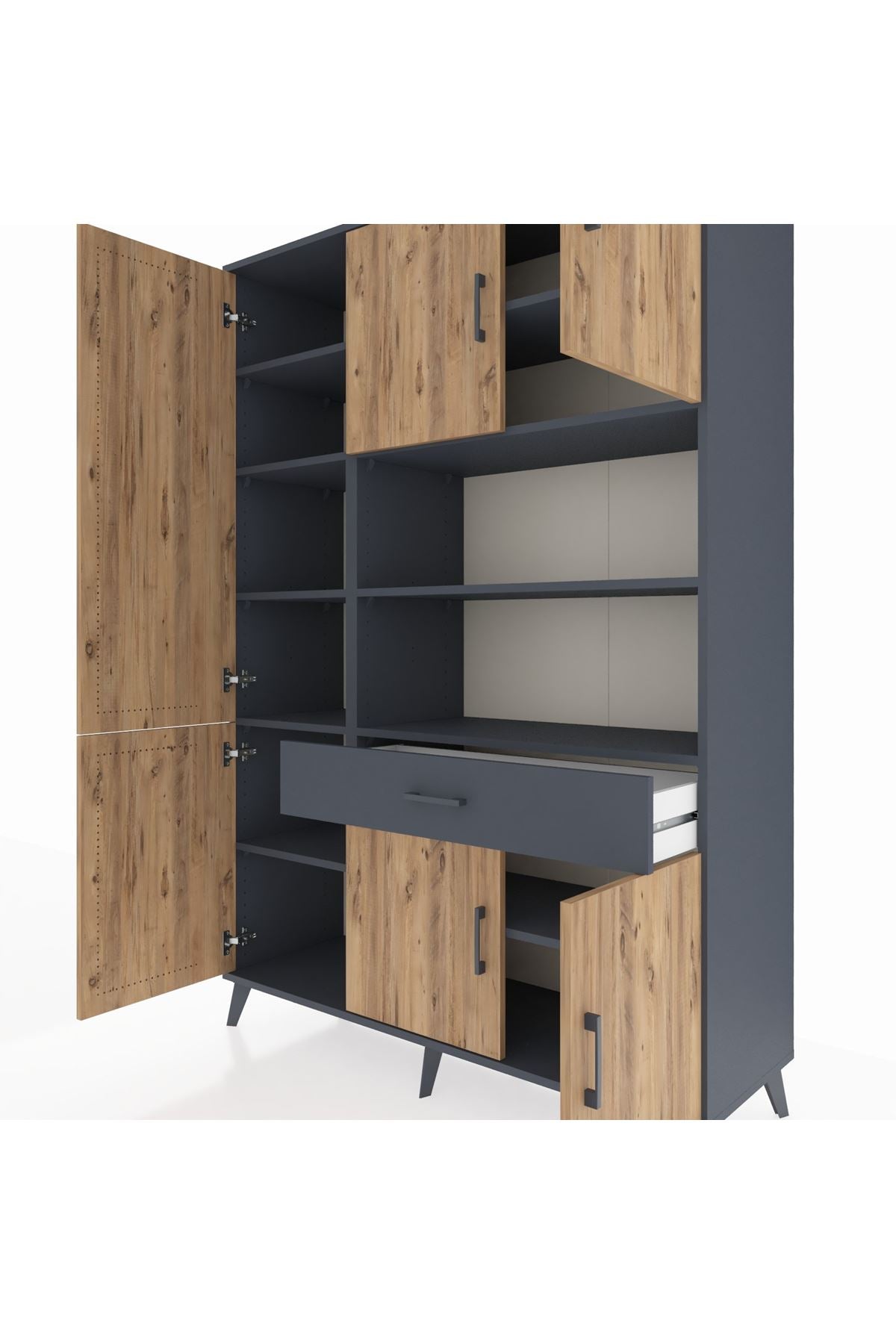 Hyperion Dolap 10 Raflı Tek Çekmeceli 6 Kapaklı 132x44x195 Antrasit-Çam/Antrasit