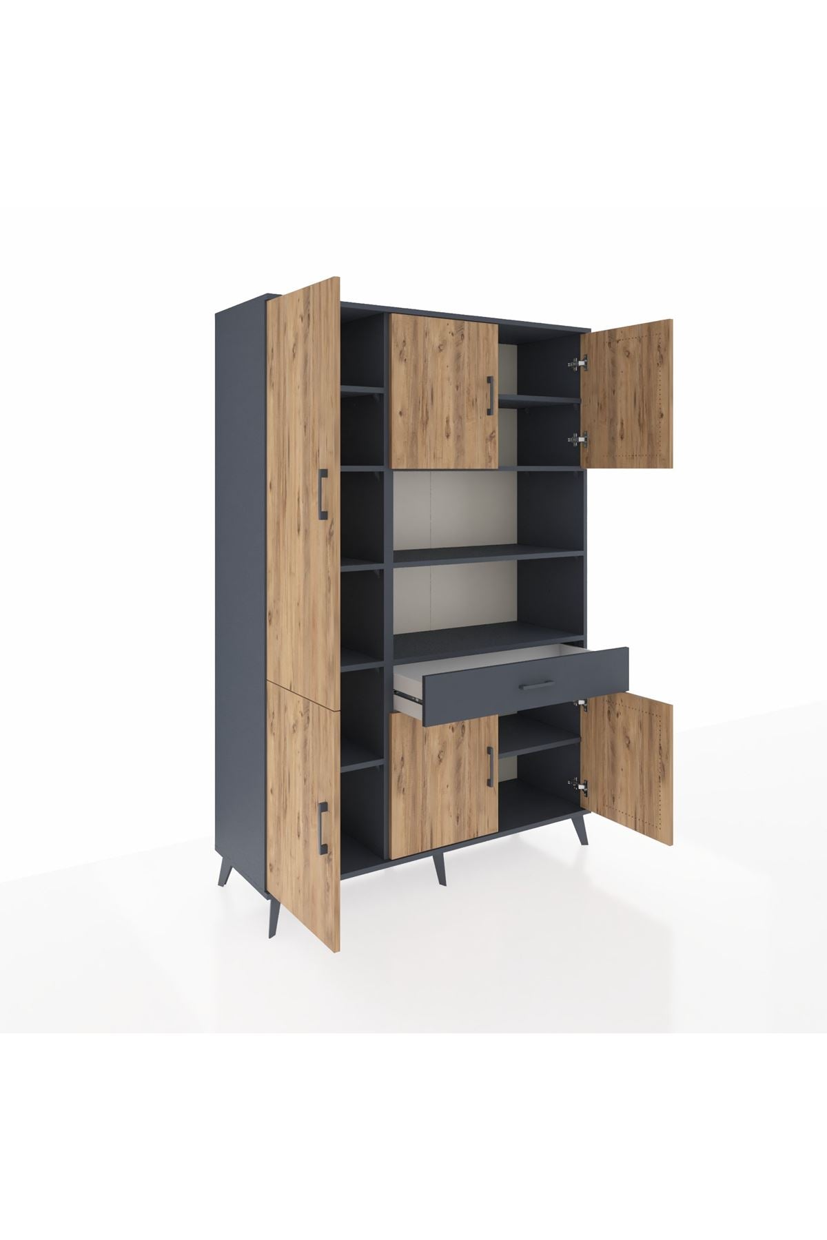 Hyperion Dolap 10 Raflı Tek Çekmeceli 6 Kapaklı 132x44x195 Antrasit-Çam/Antrasit