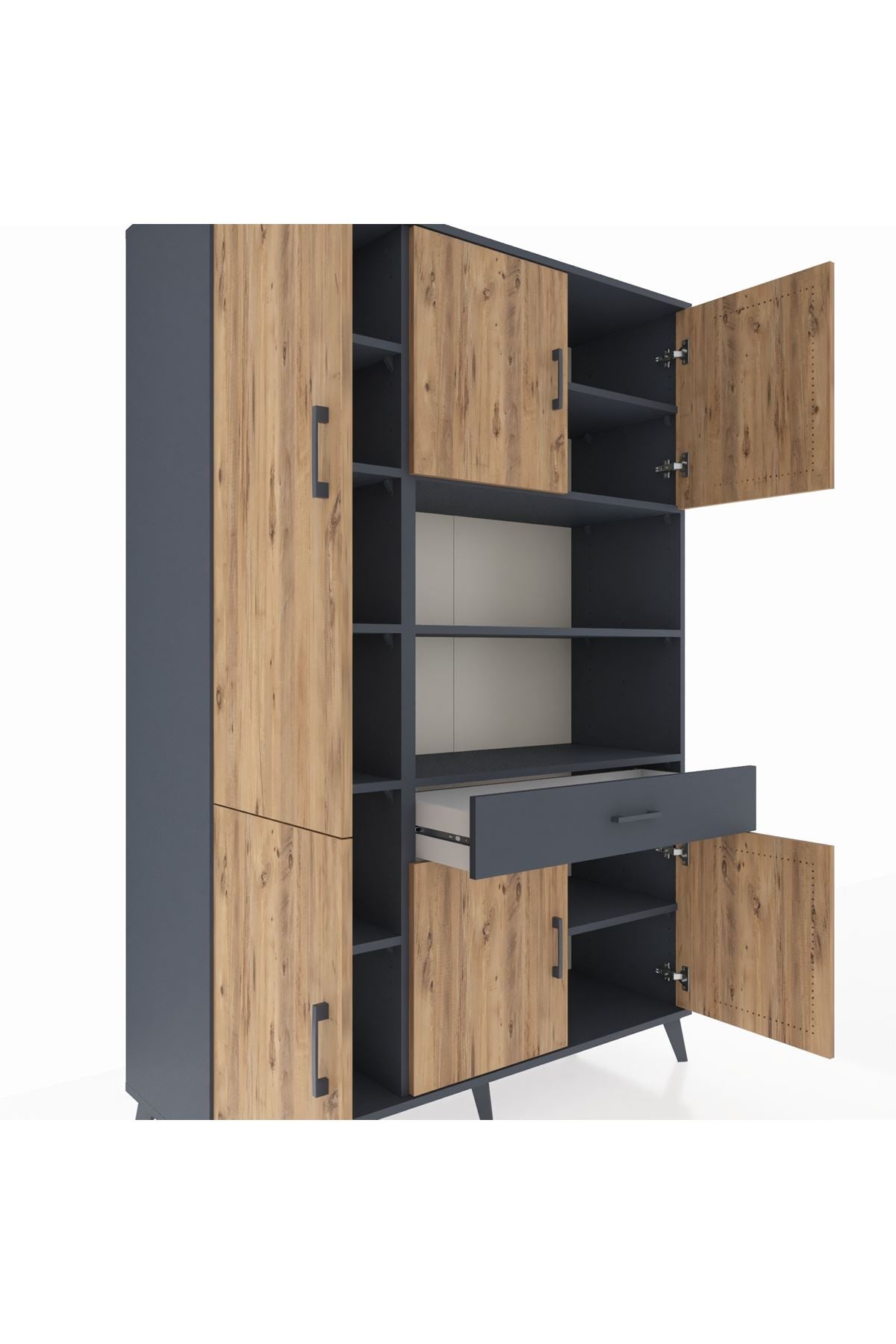 Hyperion Dolap 10 Raflı Tek Çekmeceli 6 Kapaklı 132x44x195 Antrasit-Çam/Antrasit