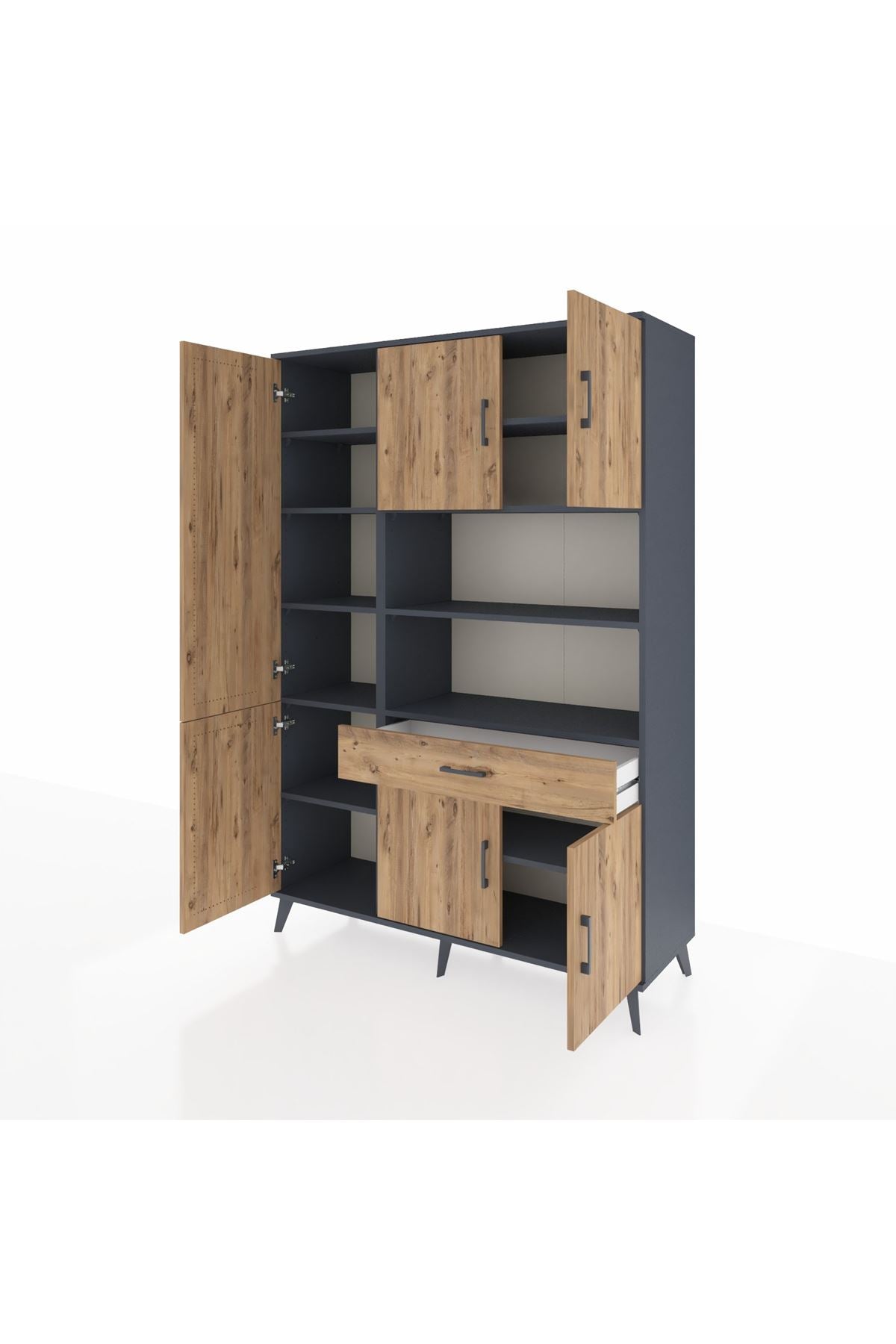 Hyperion Dolap 10 Raflı Tek Çekmeceli 6 Kapaklı 132x44x195 Antrasit-Çam/Çam