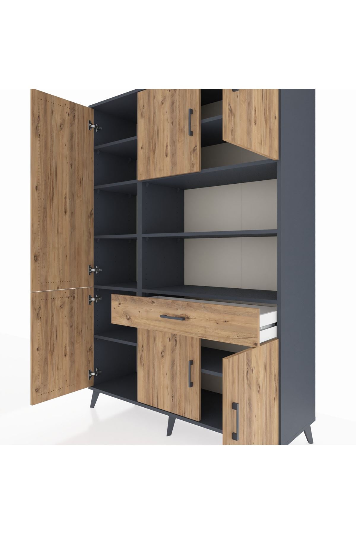 Hyperion Dolap 10 Raflı Tek Çekmeceli 6 Kapaklı 132x44x195 Antrasit-Çam/Çam