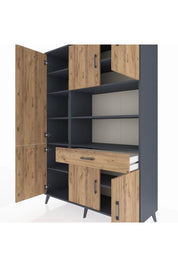 Hyperion Dolap 10 Raflı Tek Çekmeceli 6 Kapaklı 132x44x195 Antrasit-Çam/Çam