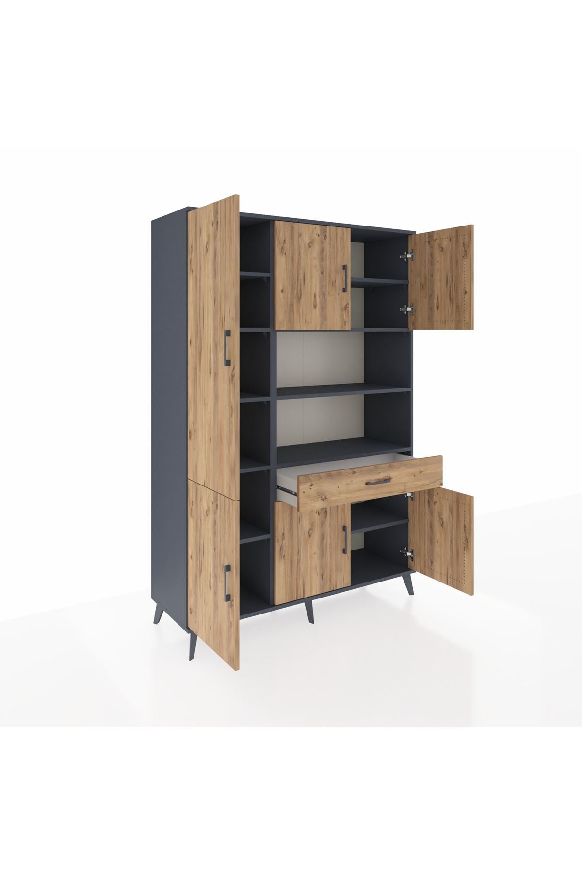 Hyperion Dolap 10 Raflı Tek Çekmeceli 6 Kapaklı 132x44x195 Antrasit-Çam/Çam