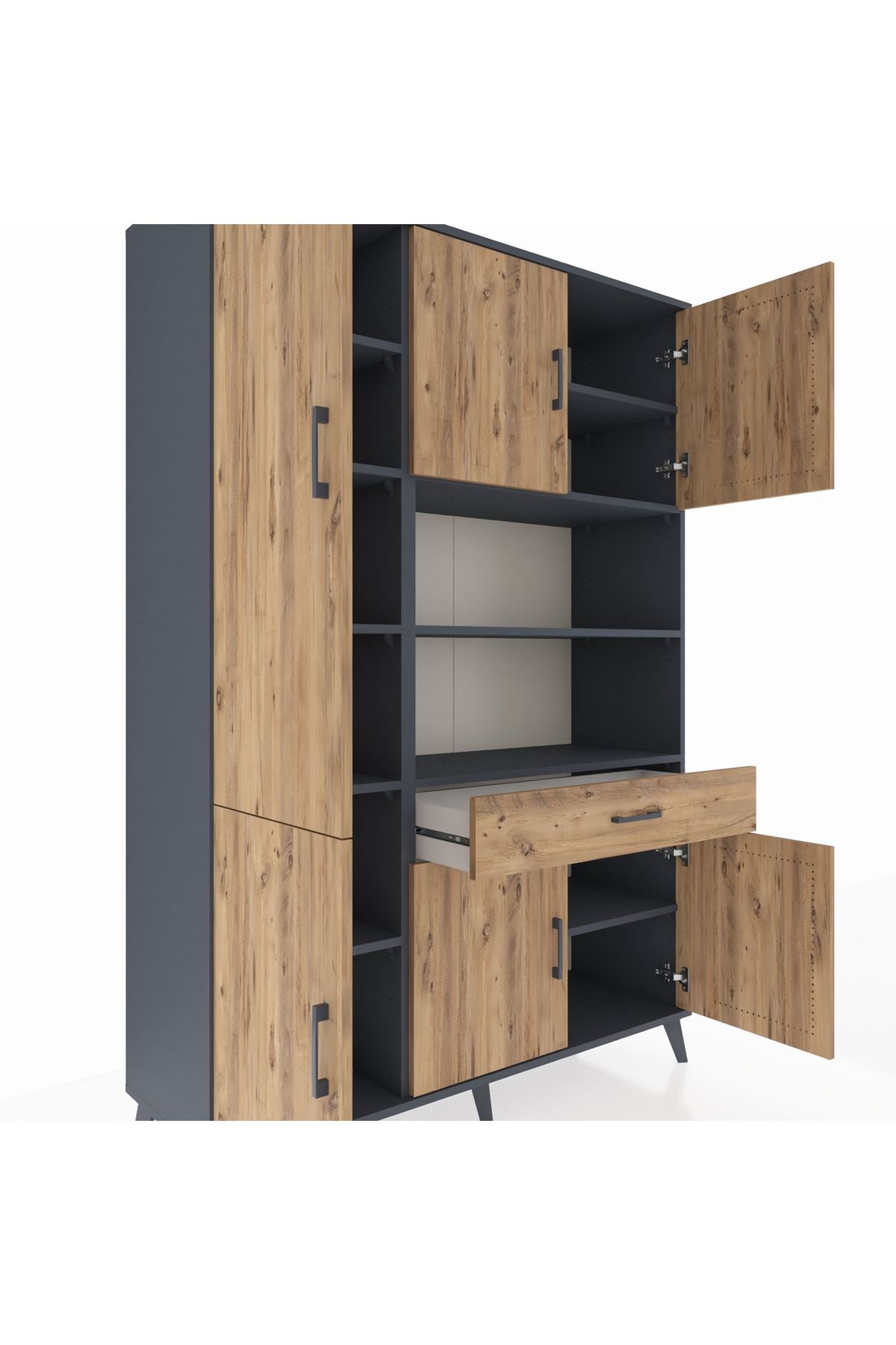 Hyperion Dolap 10 Raflı Tek Çekmeceli 6 Kapaklı 132x44x195 Antrasit-Çam/Çam