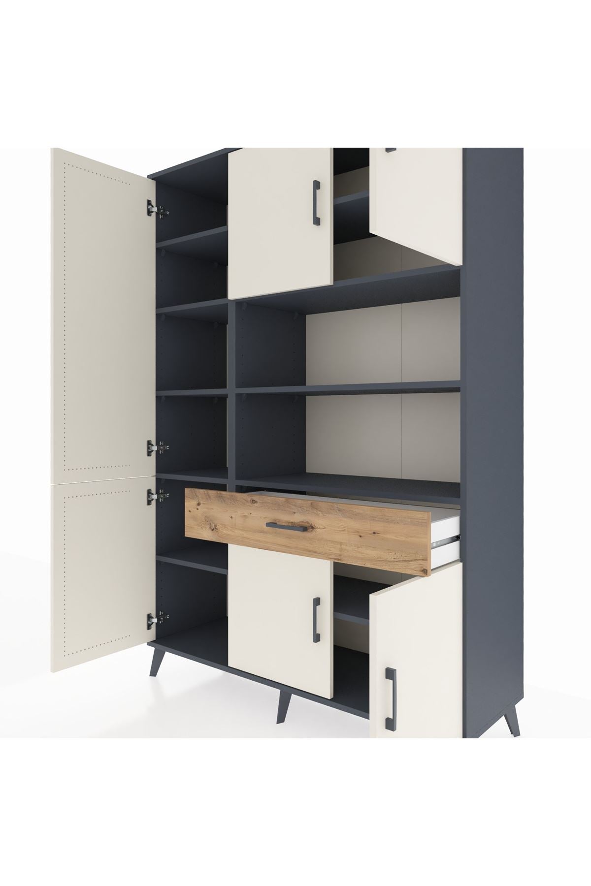 Hyperion Dolap 10 Raflı Tek Çekmeceli 6 Kapaklı 132x44x195 Antrasit-Aytaşı/Çam