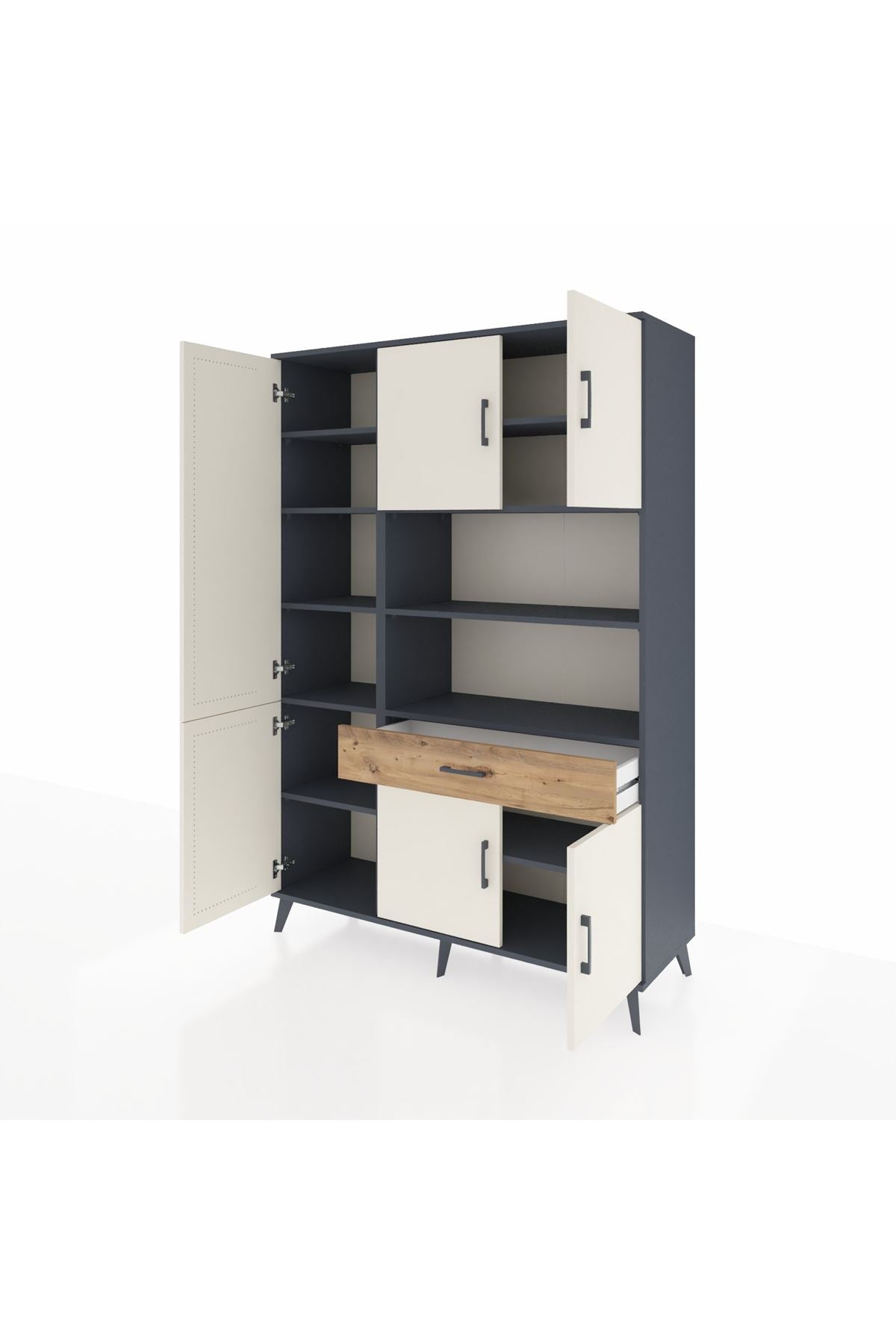 Hyperion Dolap 10 Raflı Tek Çekmeceli 6 Kapaklı 132x44x195 Antrasit-Aytaşı/Çam