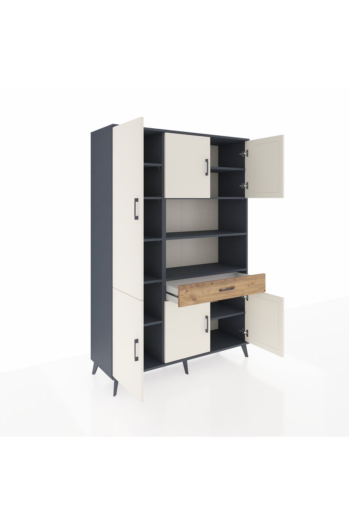 Hyperion Dolap 10 Raflı Tek Çekmeceli 6 Kapaklı 132x44x195 Antrasit-Aytaşı/Çam