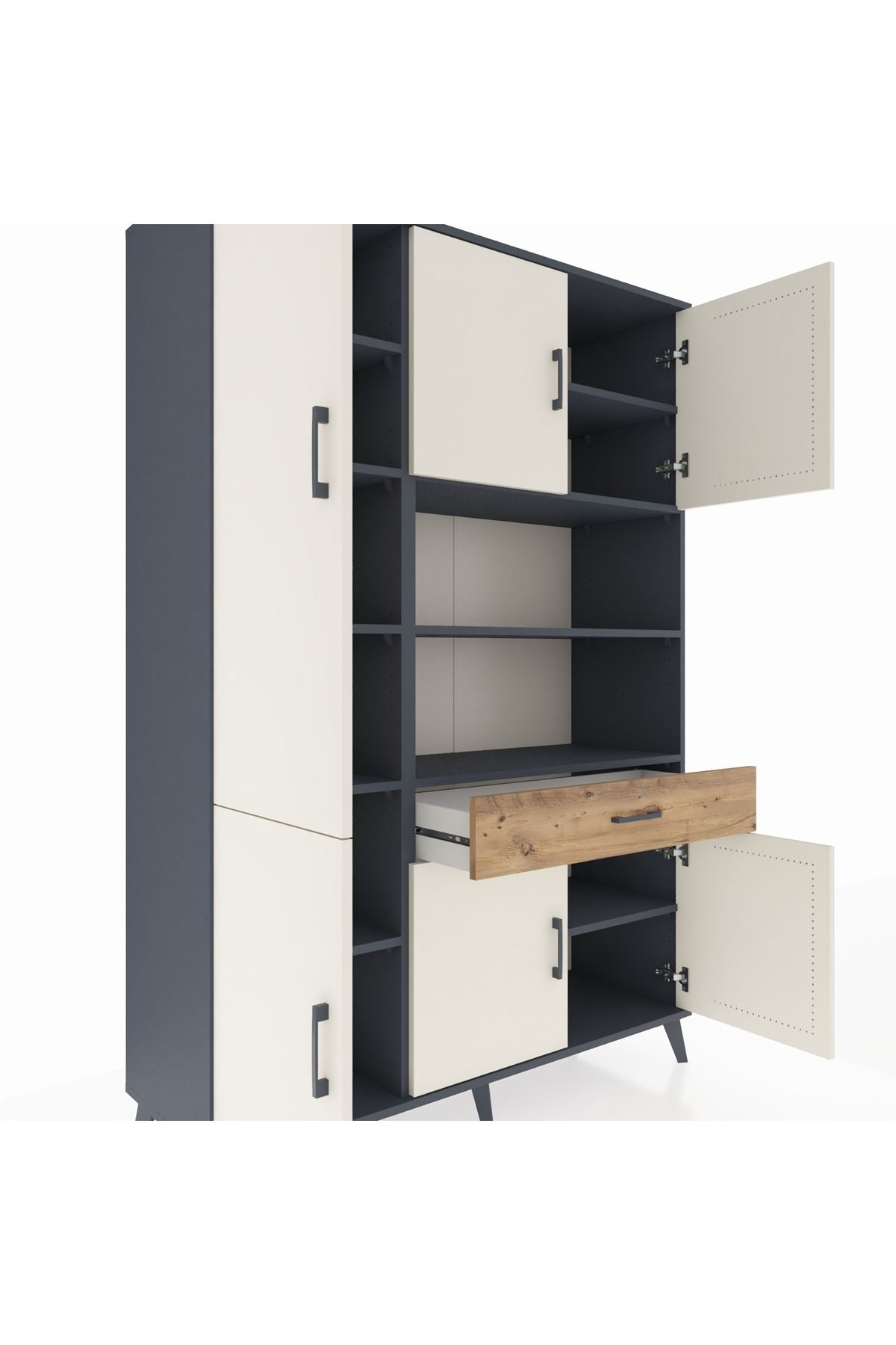 Hyperion Dolap 10 Raflı Tek Çekmeceli 6 Kapaklı 132x44x195 Antrasit-Aytaşı/Çam