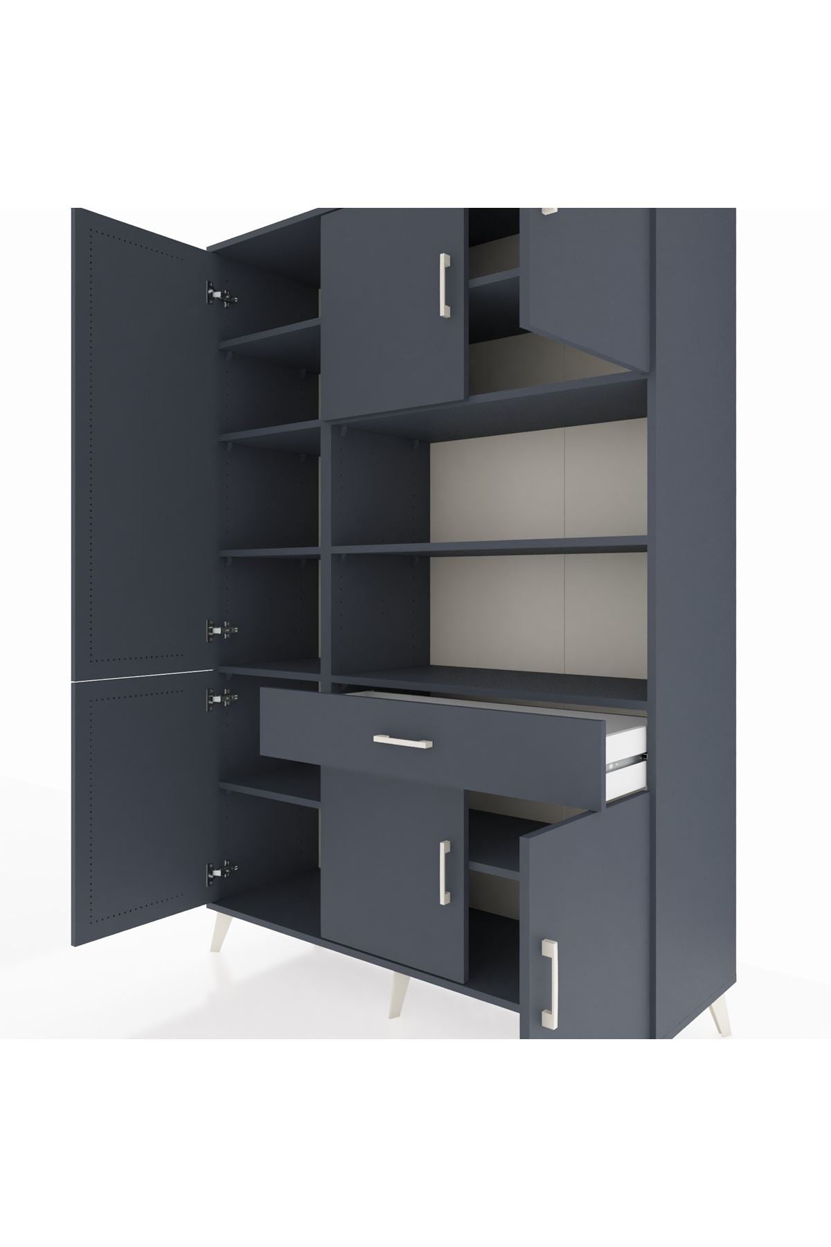 Hyperion Dolap 10 Raflı Tek Çekmeceli 6 Kapaklı 132x44x195 Antrasit-Antrasit/Antrasit