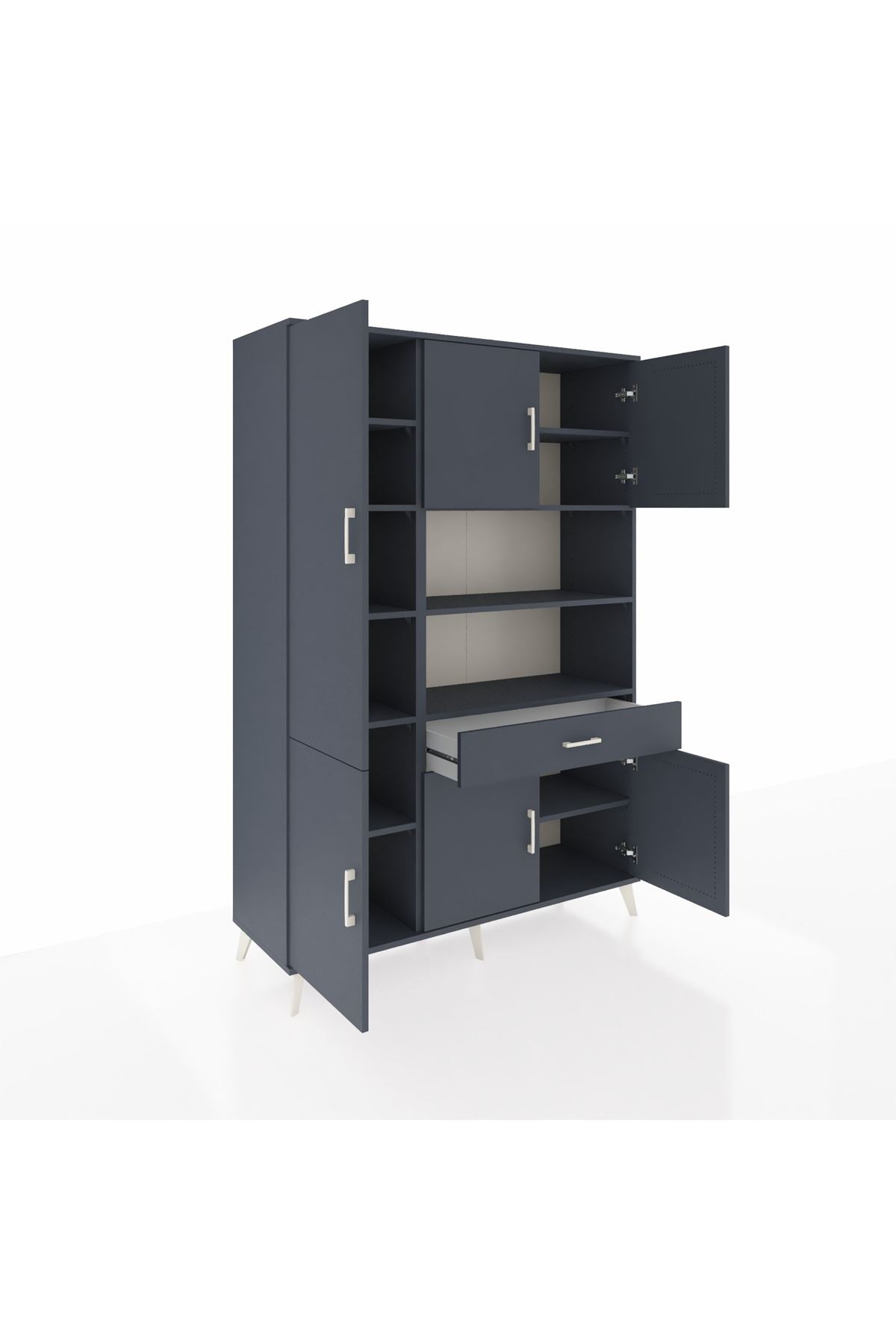 Hyperion Dolap 10 Raflı Tek Çekmeceli 6 Kapaklı 132x44x195 Antrasit-Antrasit/Antrasit