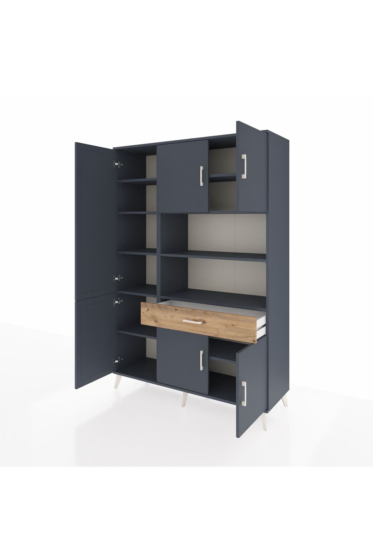 Hyperion Dolap 10 Raflı Tek Çekmeceli 6 Kapaklı 132x44x195 Antrasit-Antrasit/Çam