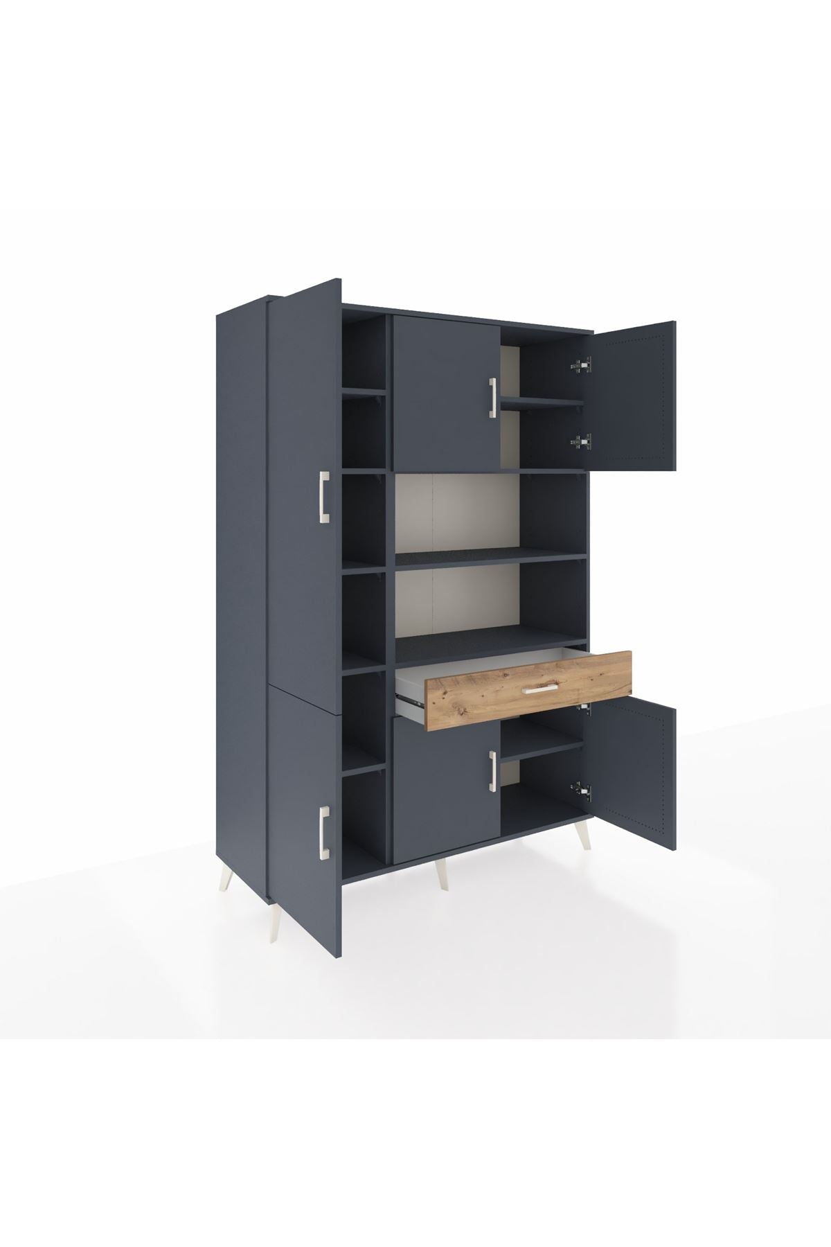 Hyperion Dolap 10 Raflı Tek Çekmeceli 6 Kapaklı 132x44x195 Antrasit-Antrasit/Çam