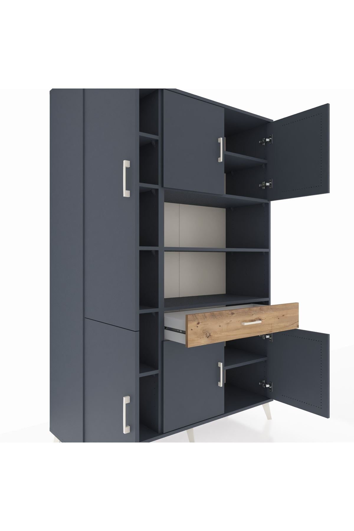 Hyperion Dolap 10 Raflı Tek Çekmeceli 6 Kapaklı 132x44x195 Antrasit-Antrasit/Çam