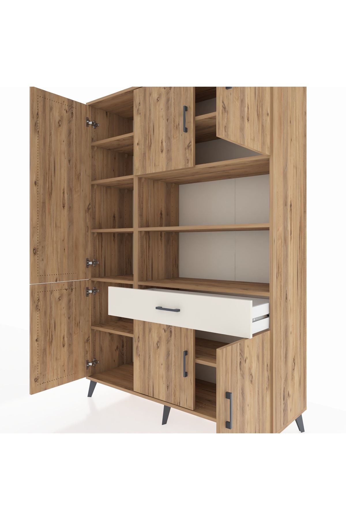 Hyperion Dolap 10 Raflı Tek Çekmeceli 6 Kapaklı 132x44x195 Çam-Çam/Aytaşı