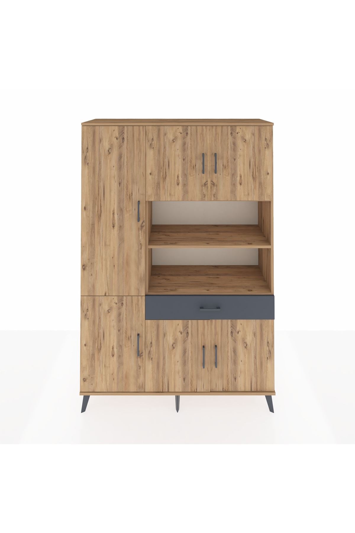 Hyperion Dolap 10 Raflı Tek Çekmeceli 6 Kapaklı 132x44x195 Çam-Çam/Antrasit