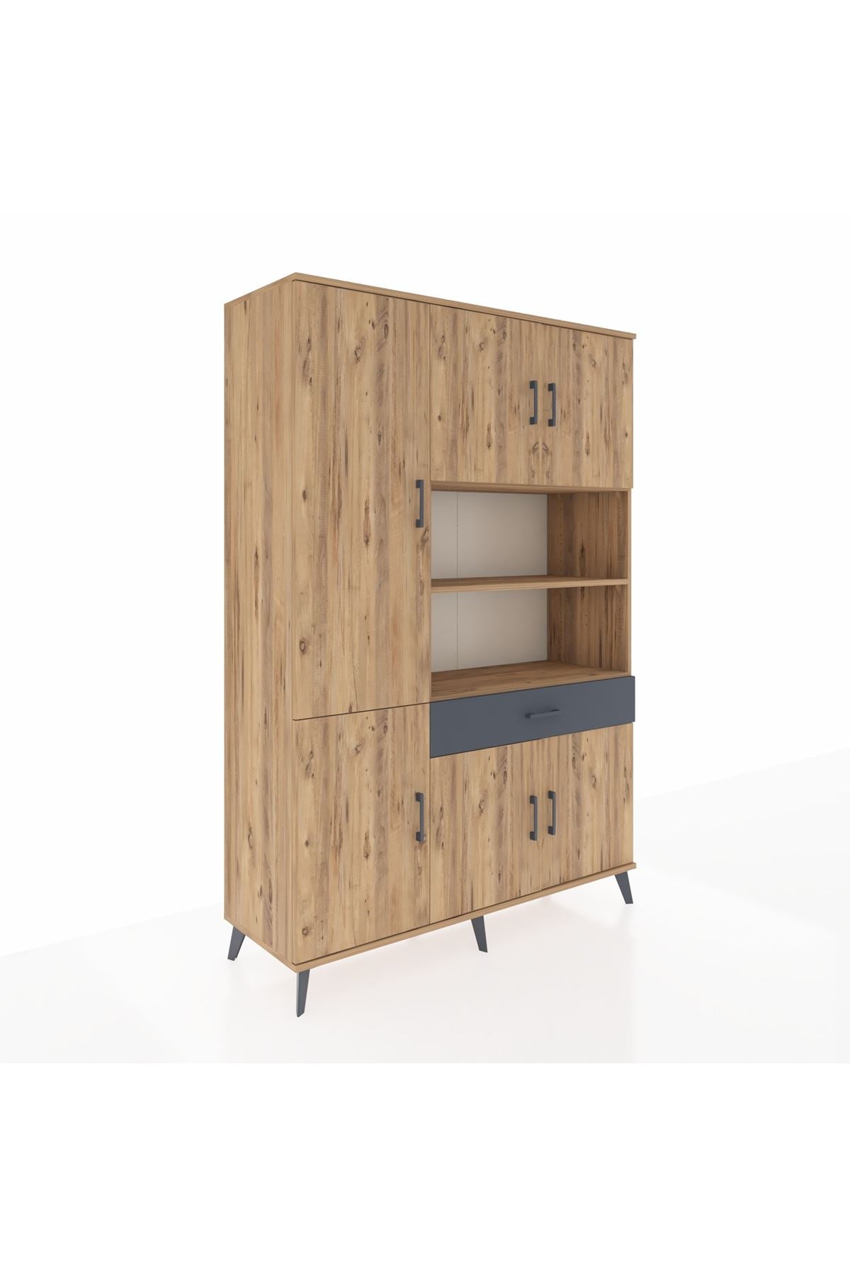 Hyperion Dolap 10 Raflı Tek Çekmeceli 6 Kapaklı 132x44x195 Çam-Çam/Antrasit