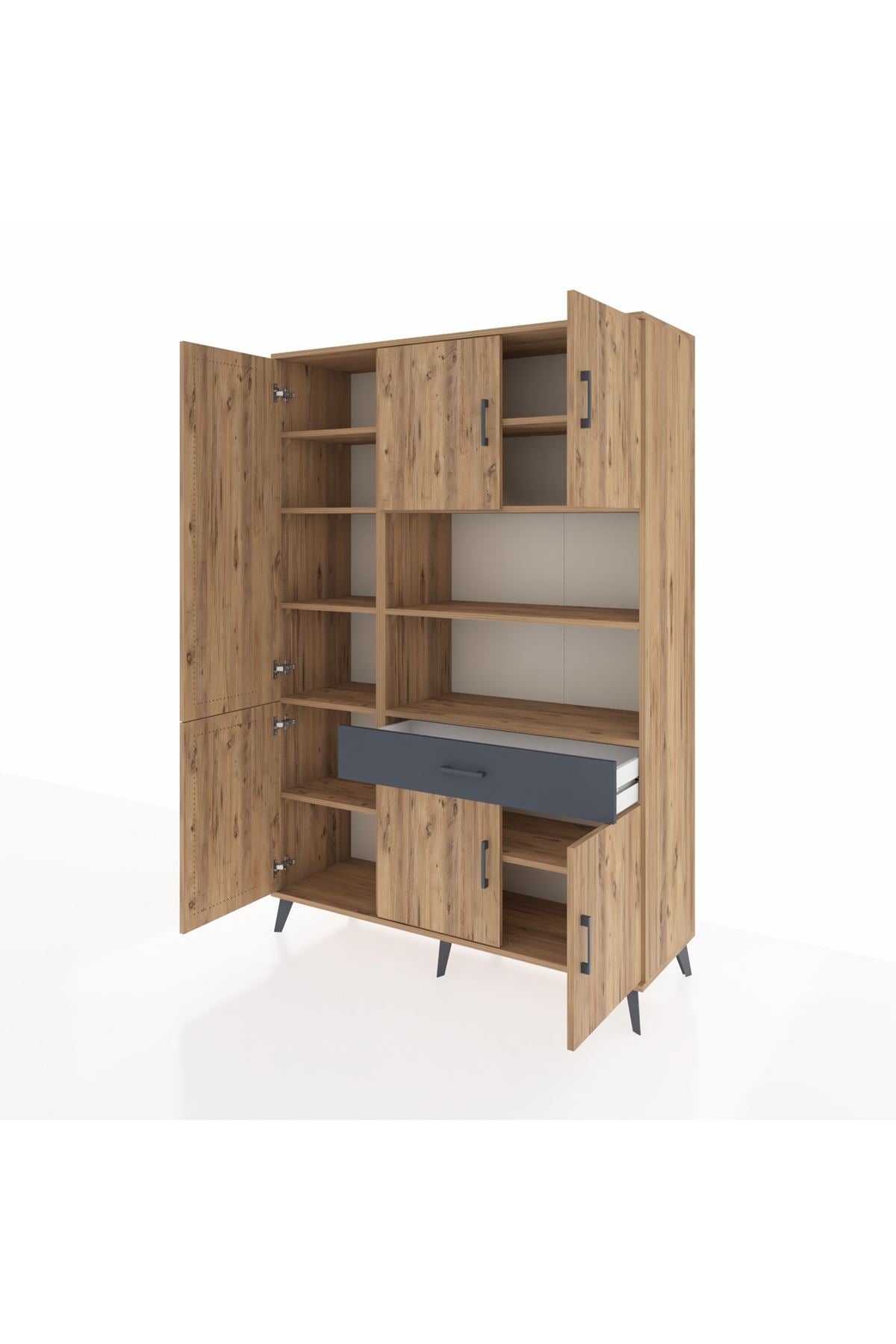 Hyperion Dolap 10 Raflı Tek Çekmeceli 6 Kapaklı 132x44x195 Çam-Çam/Antrasit