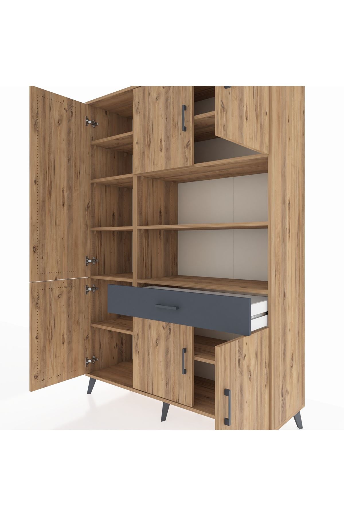 Hyperion Dolap 10 Raflı Tek Çekmeceli 6 Kapaklı 132x44x195 Çam-Çam/Antrasit