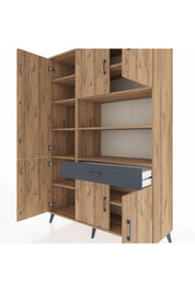 Hyperion Dolap 10 Raflı Tek Çekmeceli 6 Kapaklı 132x44x195 Çam-Çam/Antrasit