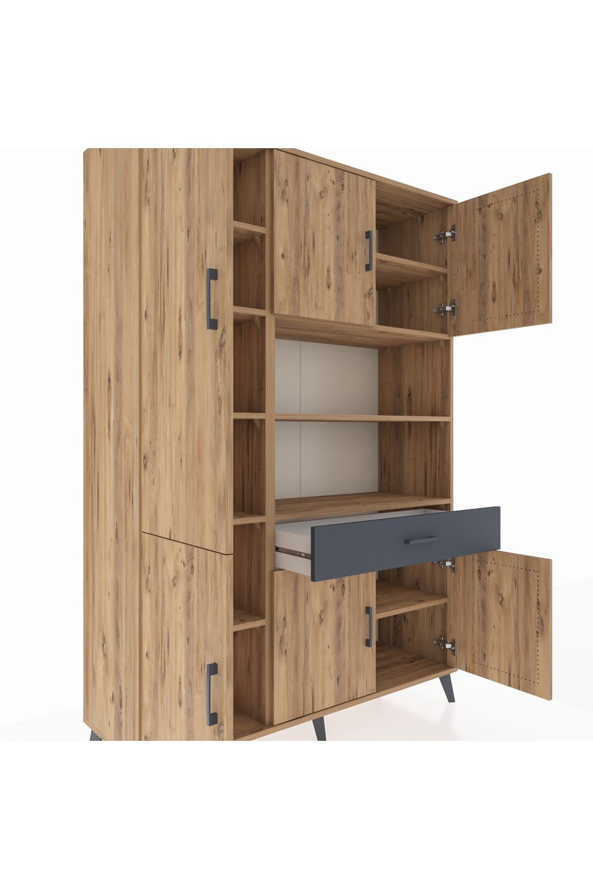 Hyperion Dolap 10 Raflı Tek Çekmeceli 6 Kapaklı 132x44x195 Çam-Çam/Antrasit