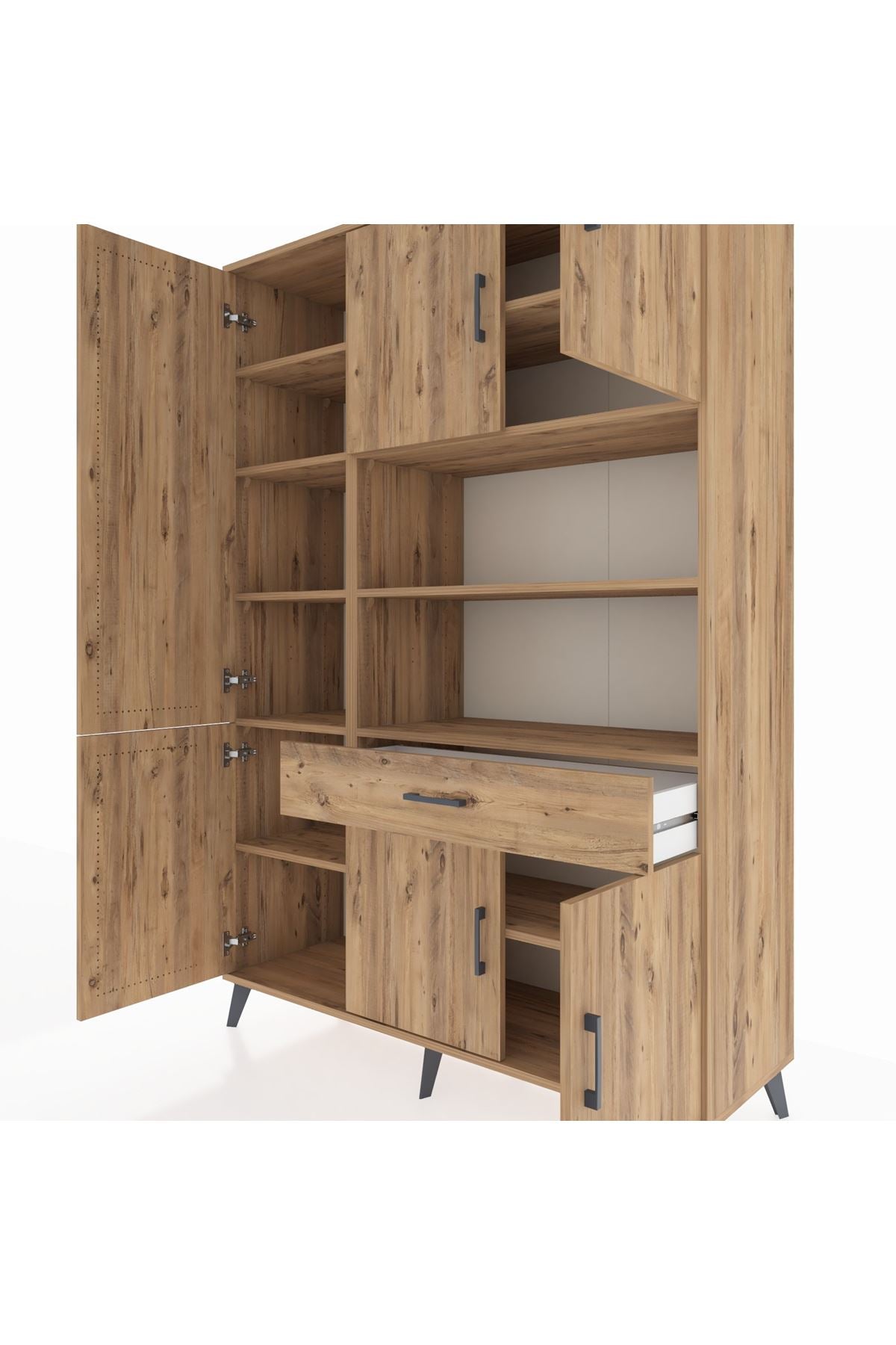 Hyperion Dolap 10 Raflı Tek Çekmeceli 6 Kapaklı 132x44x195 Çam-Çam/Çam