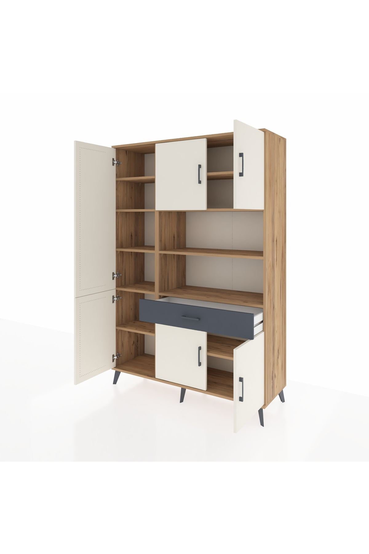 Hyperion Dolap 10 Raflı Tek Çekmeceli 6 Kapaklı 132x44x195 Çam-Aytaşı/Antrasit