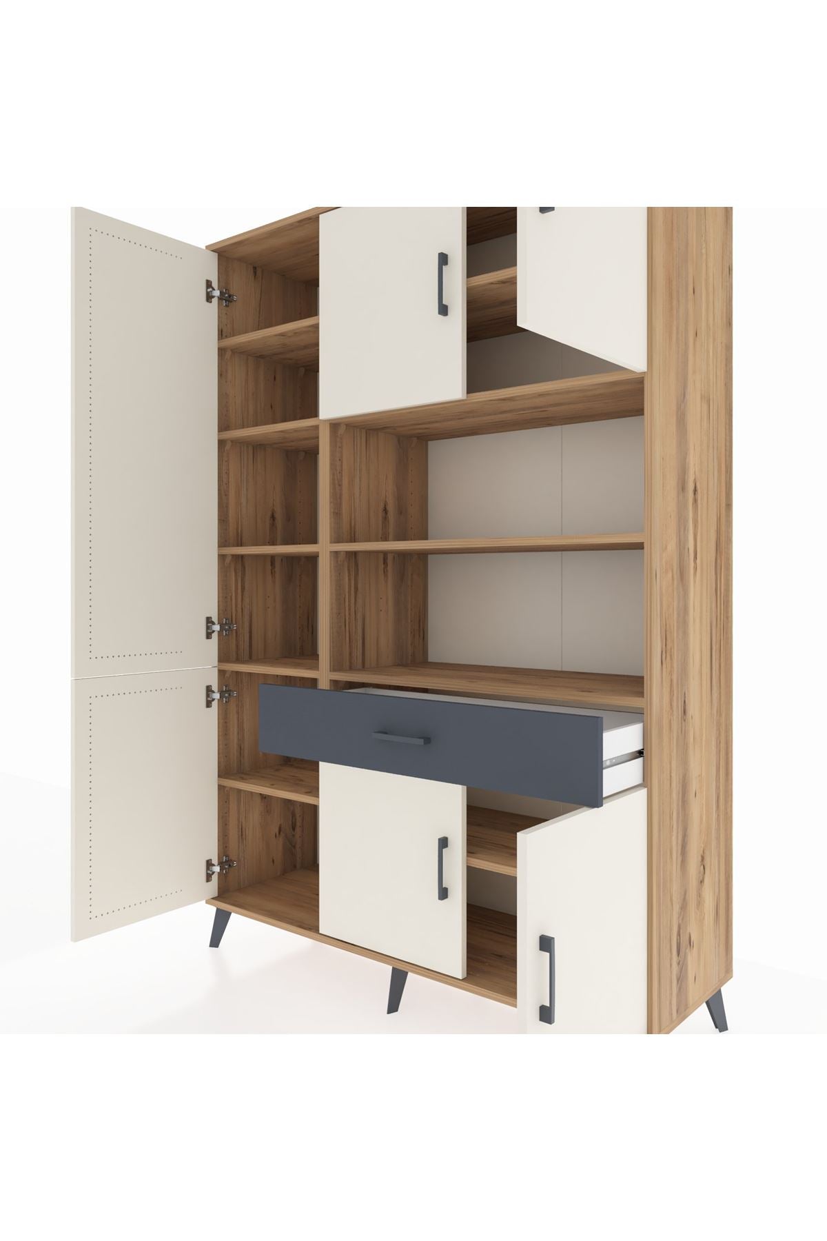 Hyperion Dolap 10 Raflı Tek Çekmeceli 6 Kapaklı 132x44x195 Çam-Aytaşı/Antrasit