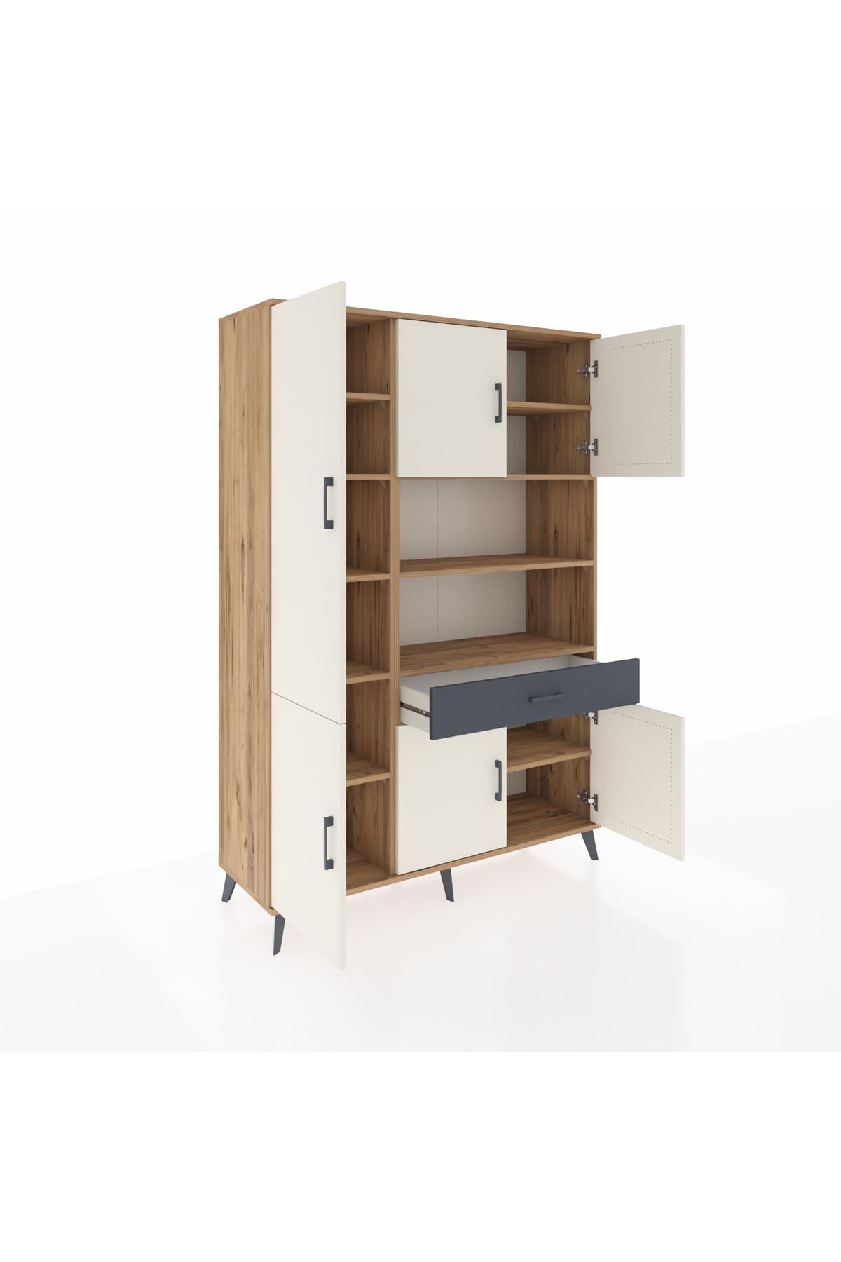 Hyperion Dolap 10 Raflı Tek Çekmeceli 6 Kapaklı 132x44x195 Çam-Aytaşı/Antrasit