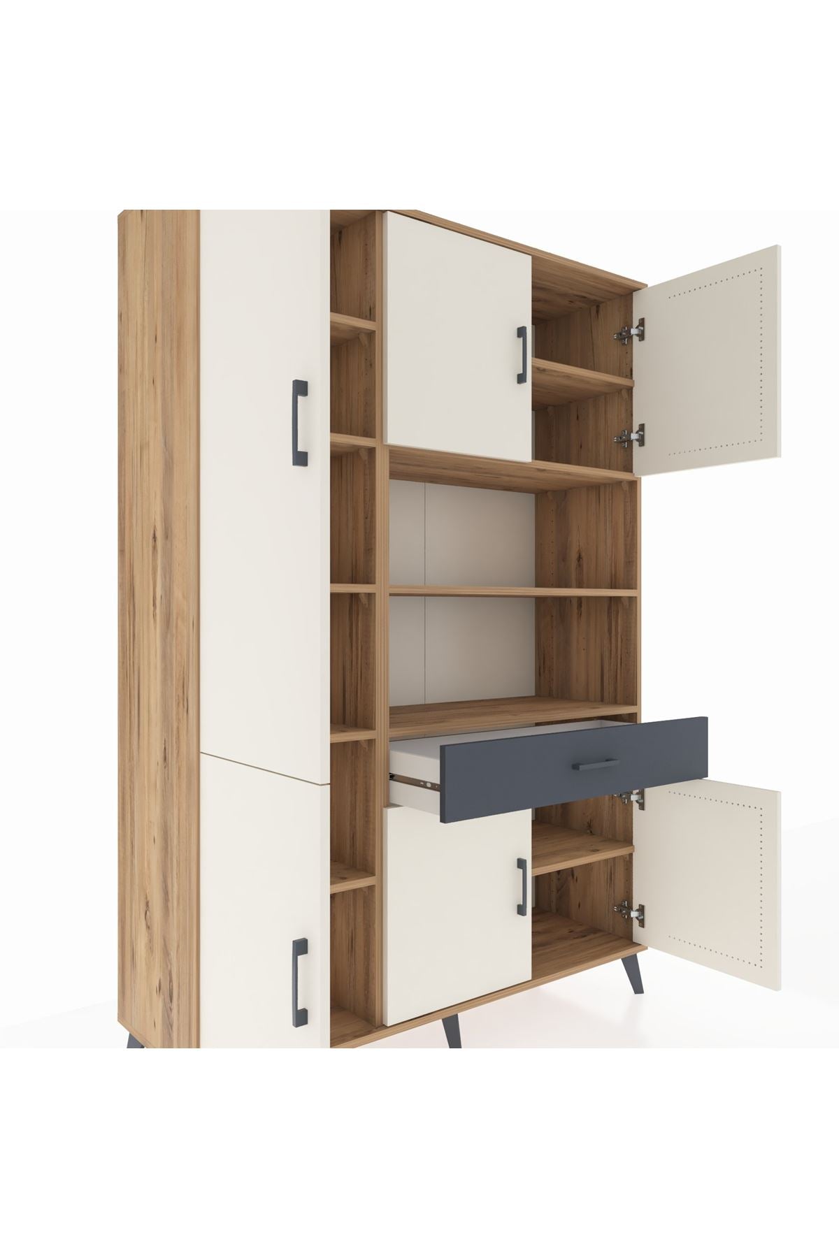 Hyperion Dolap 10 Raflı Tek Çekmeceli 6 Kapaklı 132x44x195 Çam-Aytaşı/Antrasit