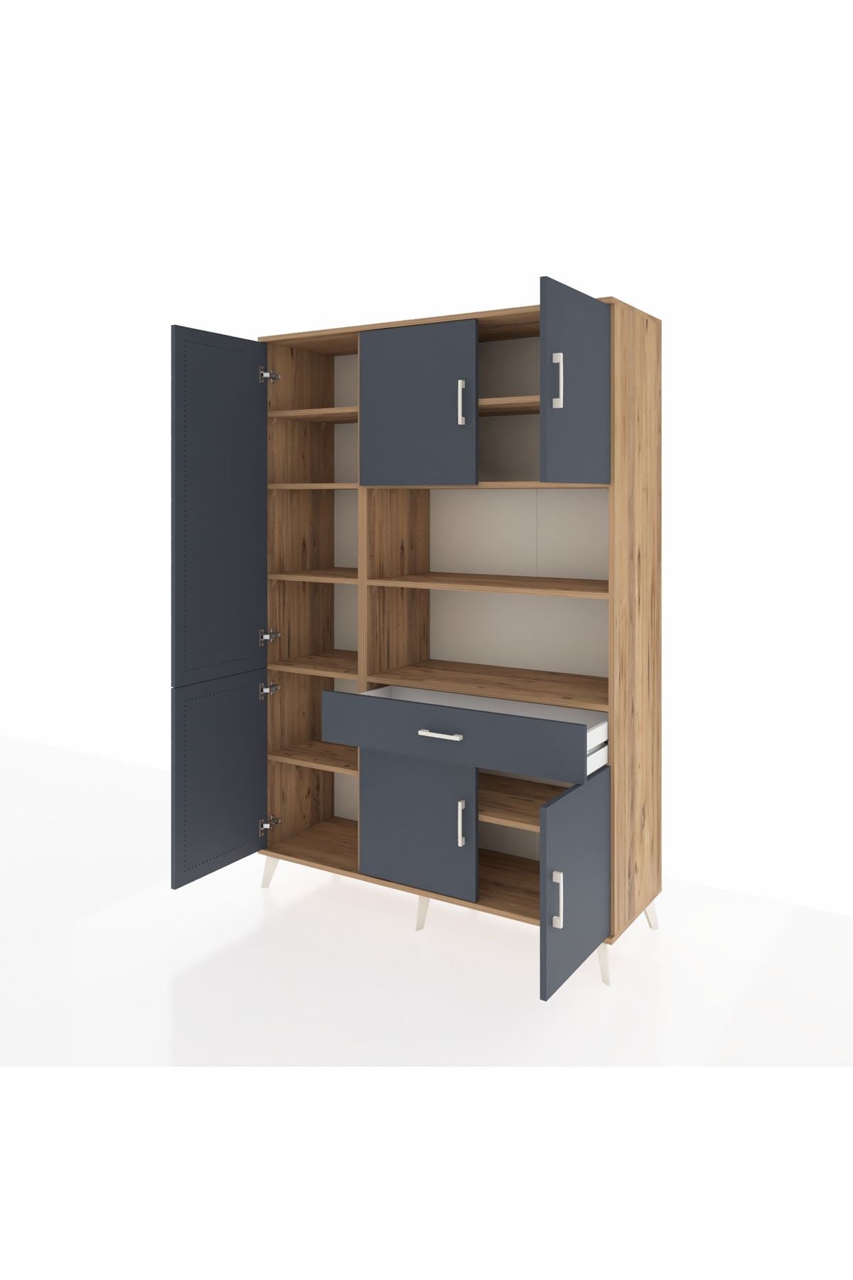 Hyperion Dolap 10 Raflı Tek Çekmeceli 6 Kapaklı 132x44x195 Çam-Antrasit/Antrasit