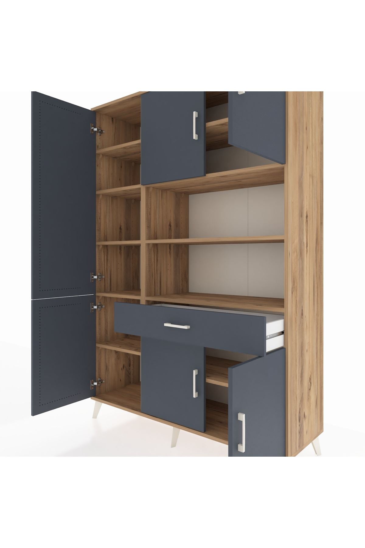 Hyperion Dolap 10 Raflı Tek Çekmeceli 6 Kapaklı 132x44x195 Çam-Antrasit/Antrasit