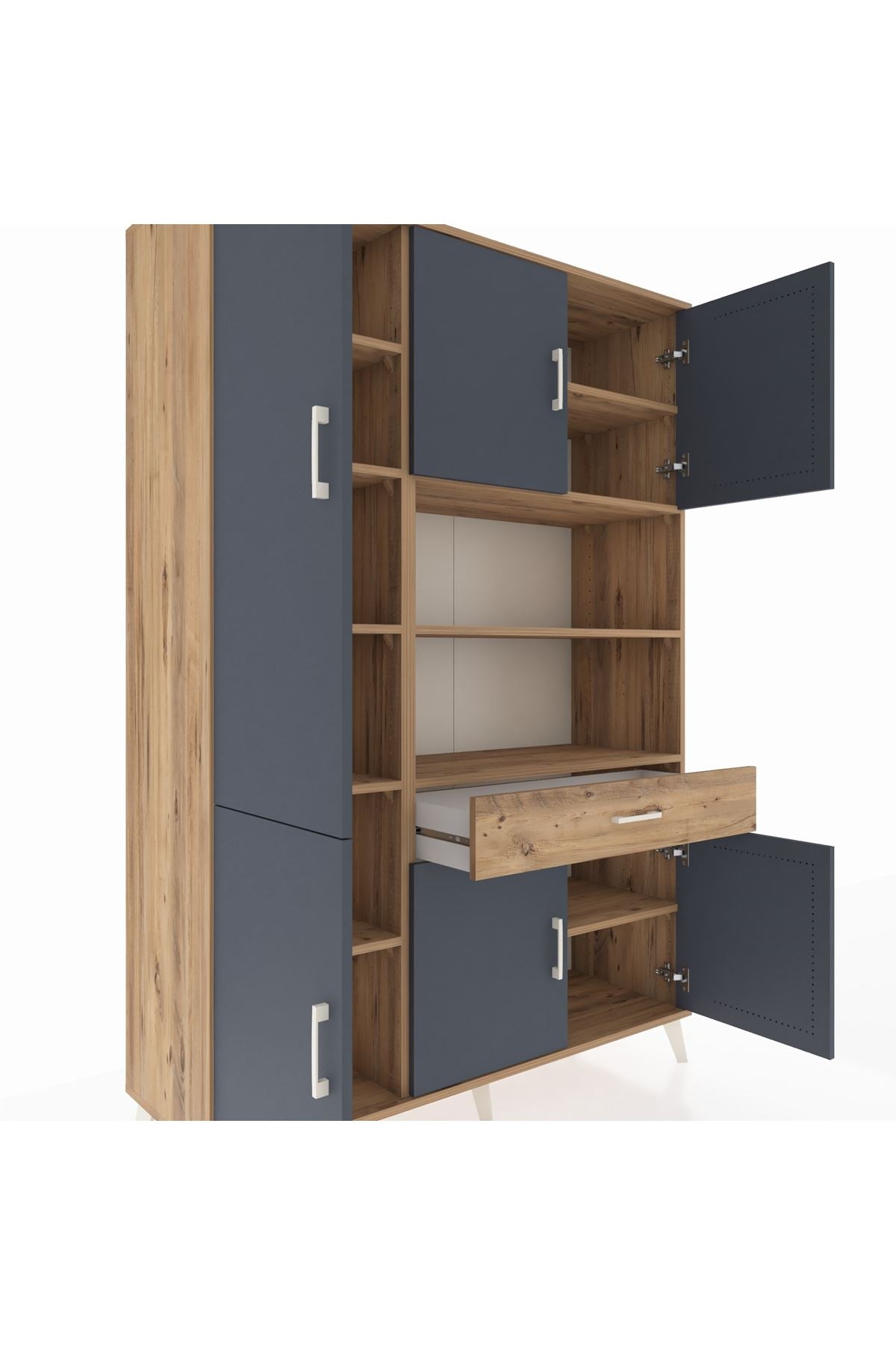 Hyperion Dolap 10 Raflı Tek Çekmeceli 6 Kapaklı 132x44x195 Çam-Antrasit/Çam