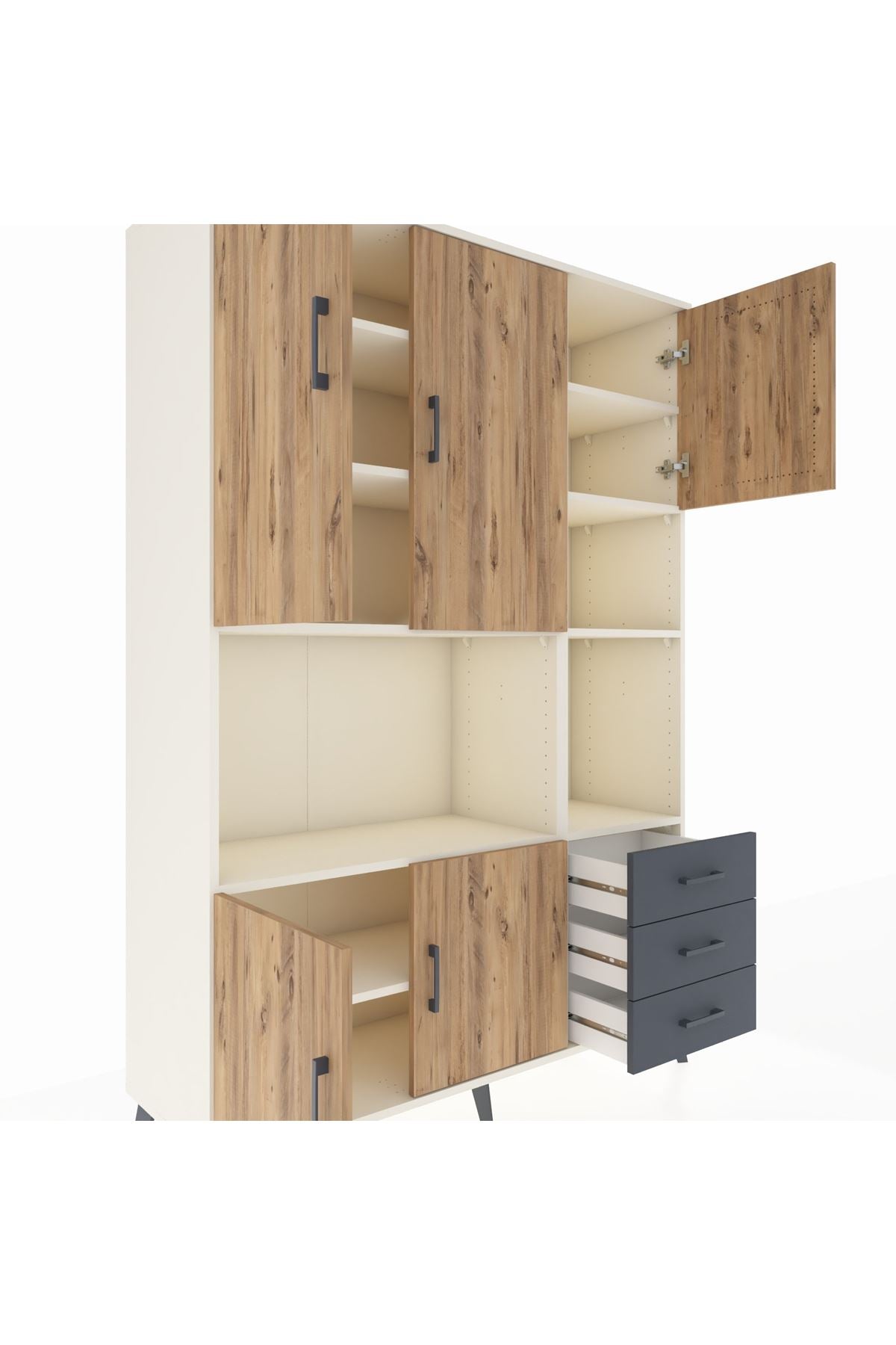 Hyperion Dolap 9 Raflı 3 Çekmeceli 5 Kapaklı 132x44x195 Aytaşı-Çam/Antrasit