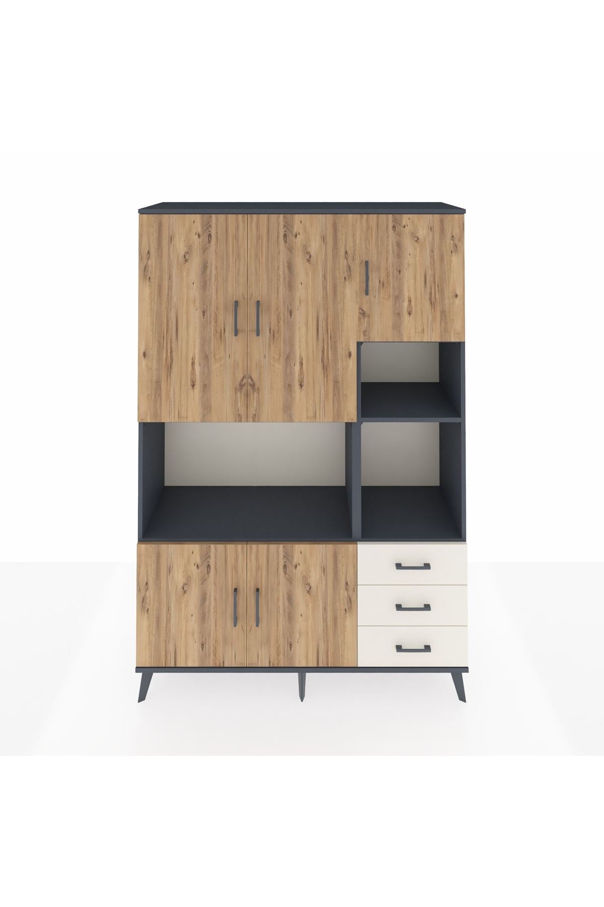 Hyperion Dolap 9 Raflı 3 Çekmeceli 5 Kapaklı 132x44x195 Antrasit-Çam/Aytaşı