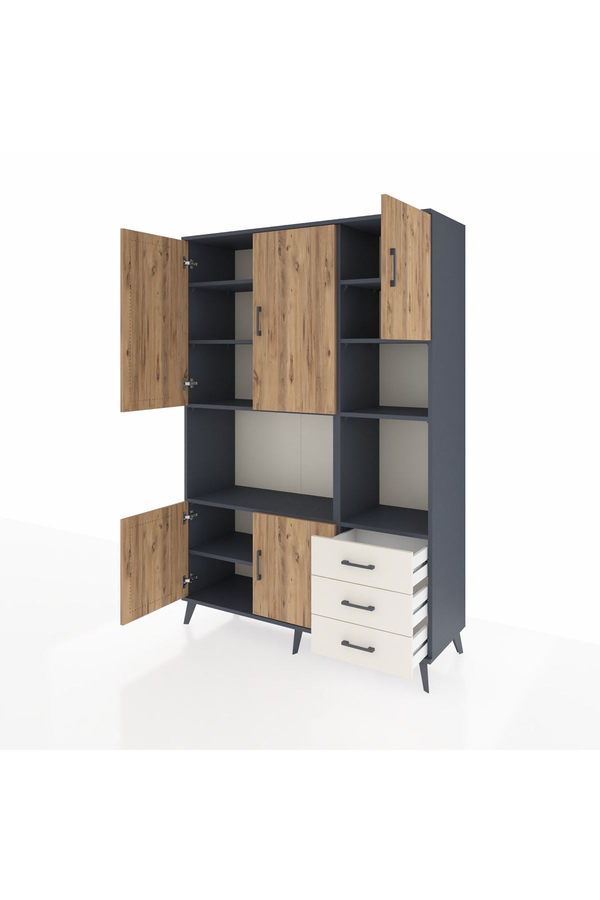 Hyperion Dolap 9 Raflı 3 Çekmeceli 5 Kapaklı 132x44x195 Antrasit-Çam/Aytaşı