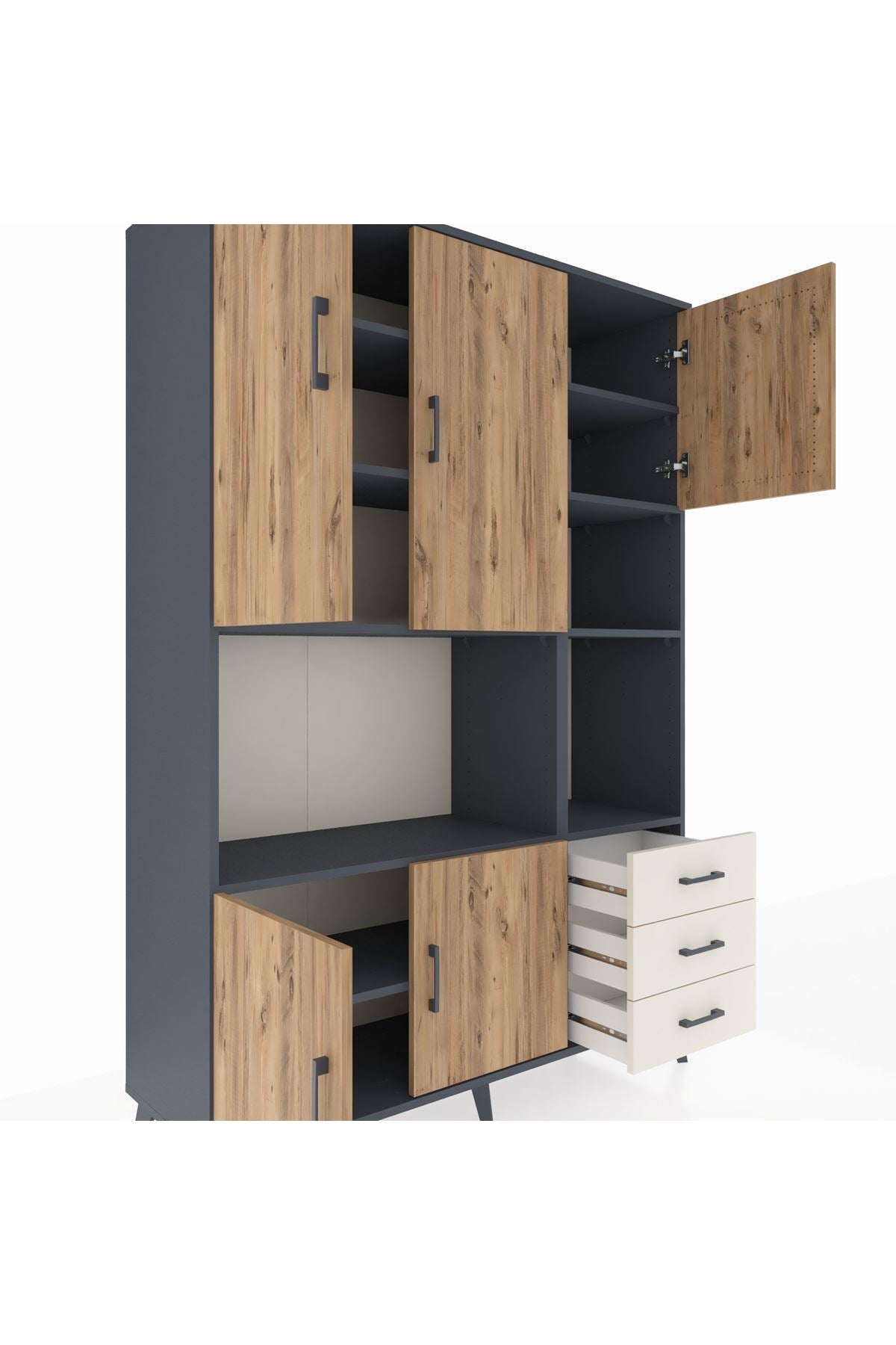 Hyperion Dolap 9 Raflı 3 Çekmeceli 5 Kapaklı 132x44x195 Antrasit-Çam/Aytaşı