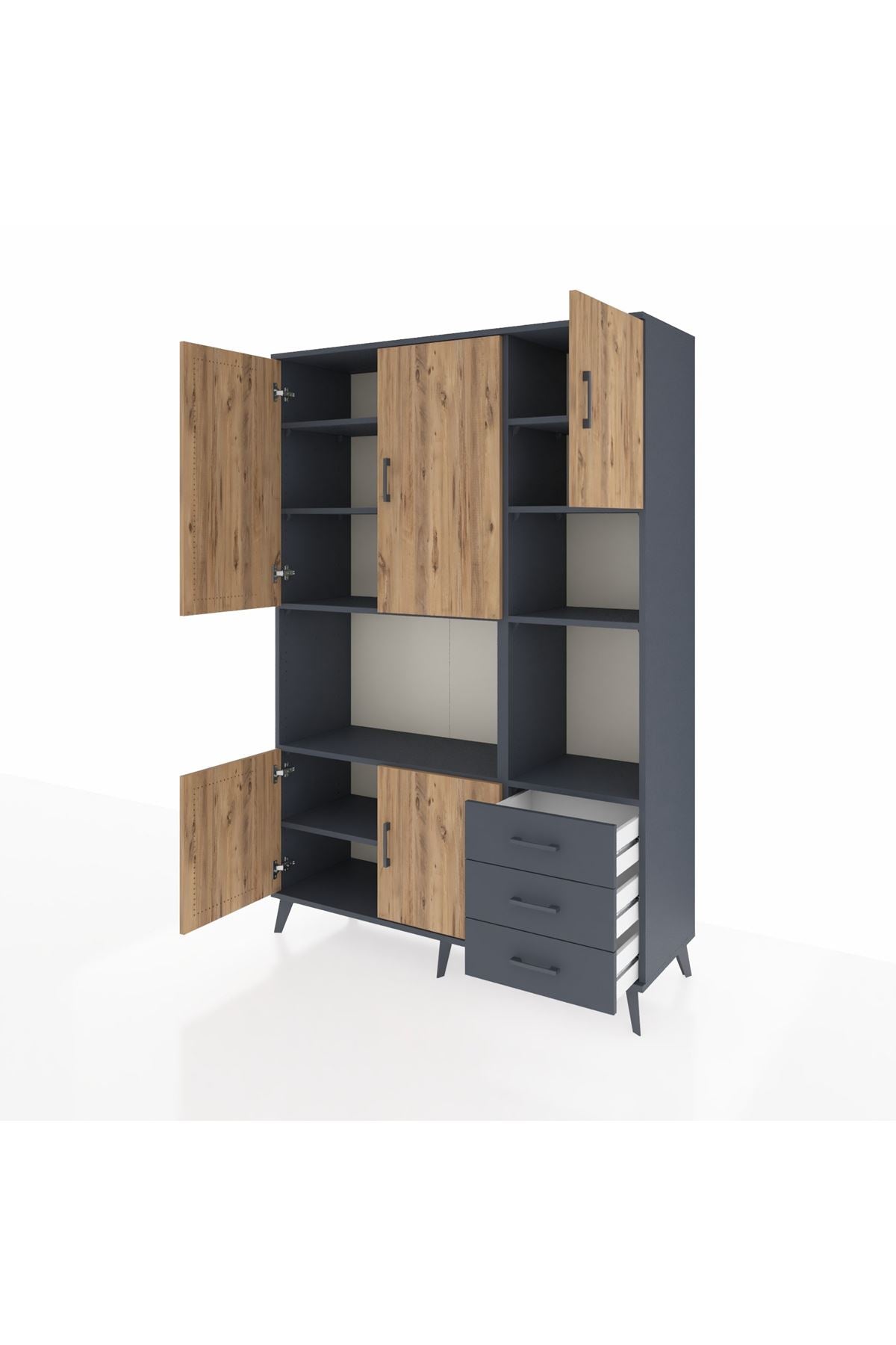Hyperion Dolap 9 Raflı 3 Çekmeceli 5 Kapaklı 132x44x195 Antrasit-Çam/Antrasit