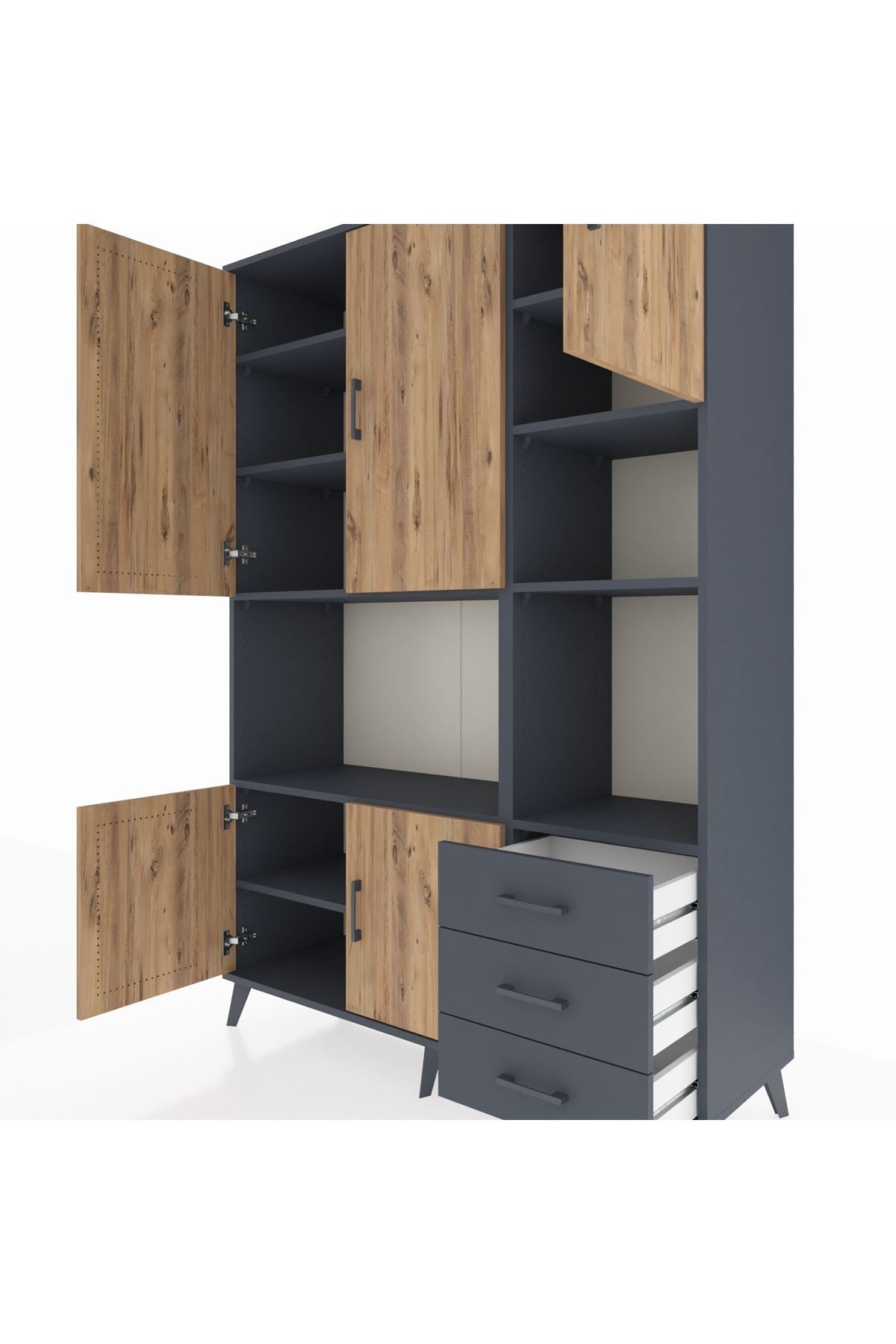Hyperion Dolap 9 Raflı 3 Çekmeceli 5 Kapaklı 132x44x195 Antrasit-Çam/Antrasit